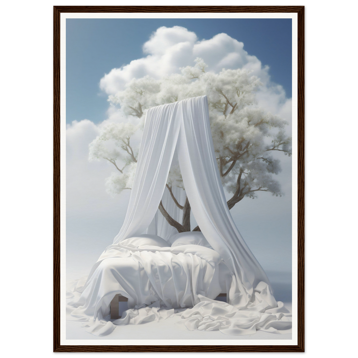 A white canopy is hanging from a tree in the sky
