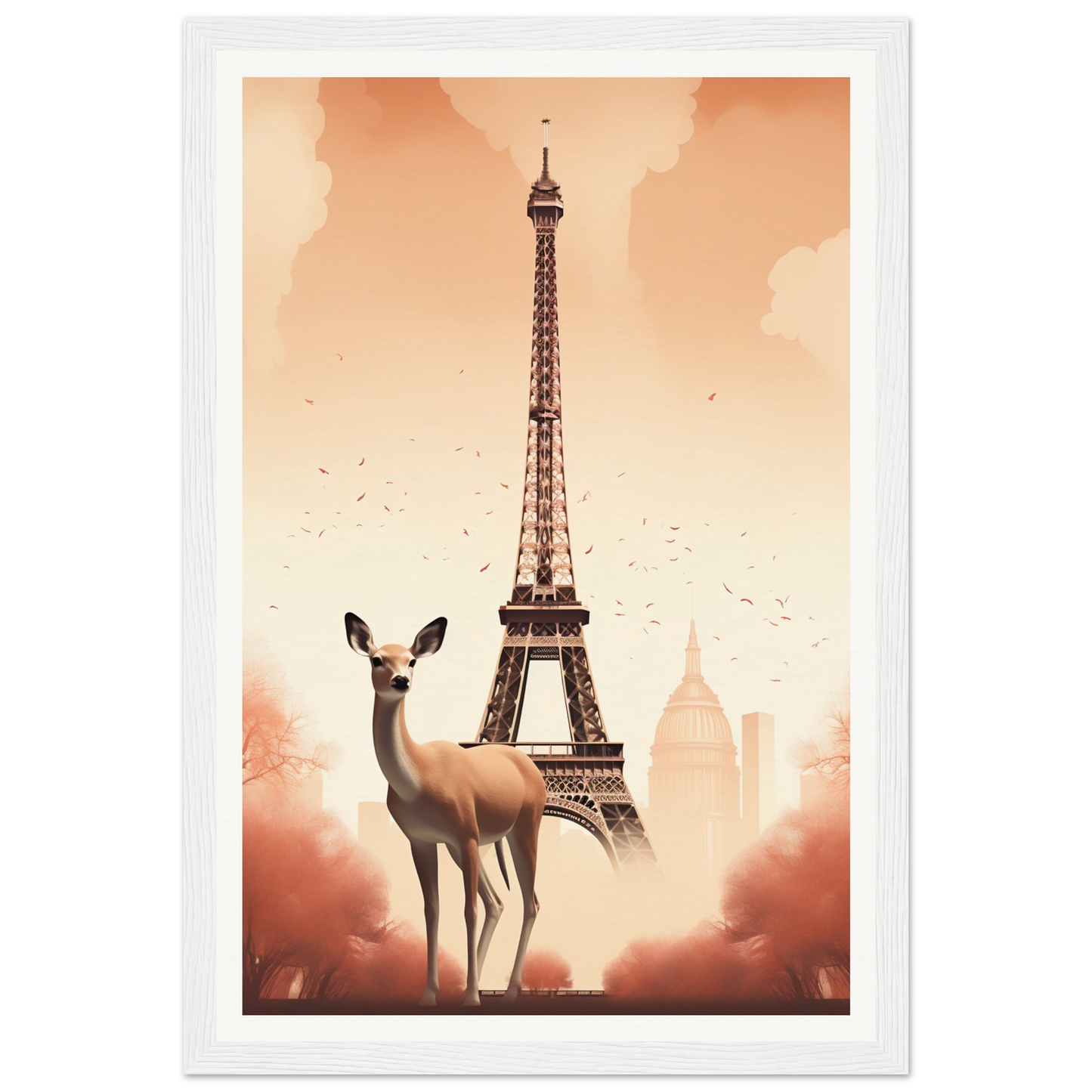 A white deer standing in front of the eiff tower