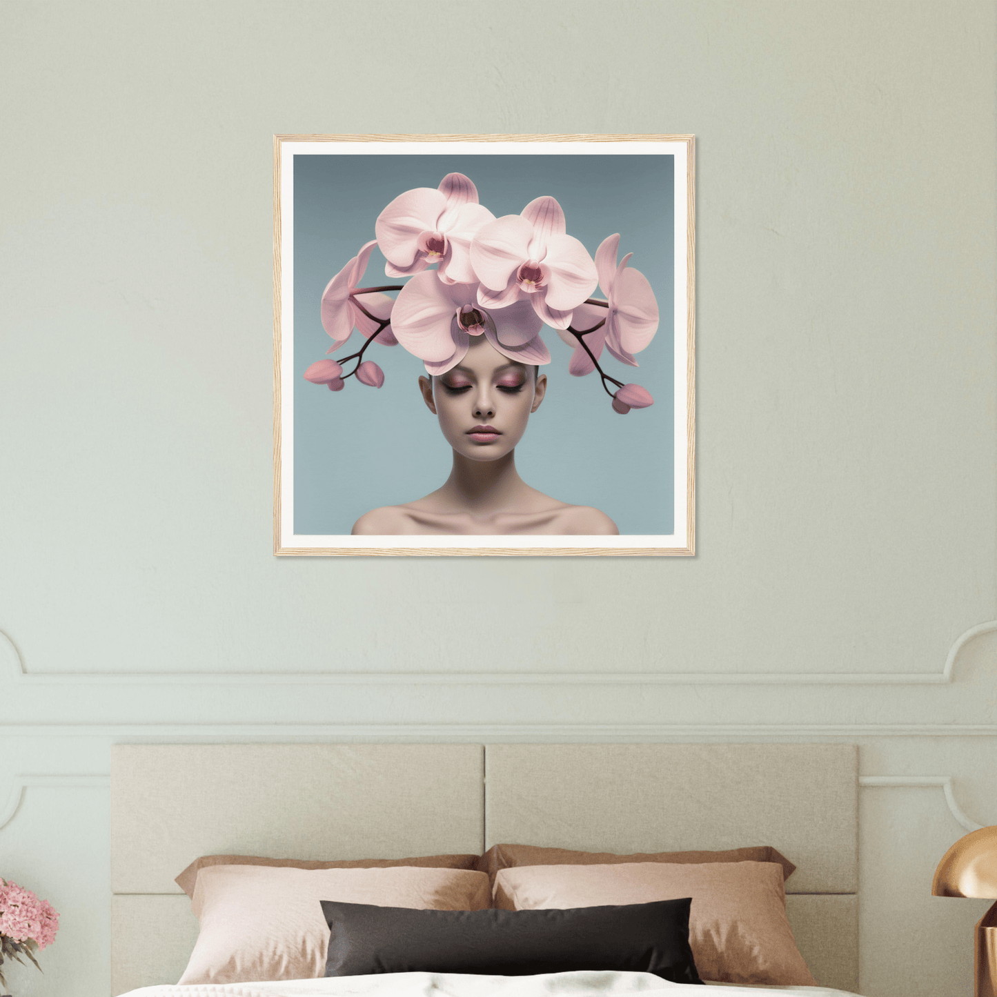 Framed artwork featuring a person wearing an elaborate orchid headdress.