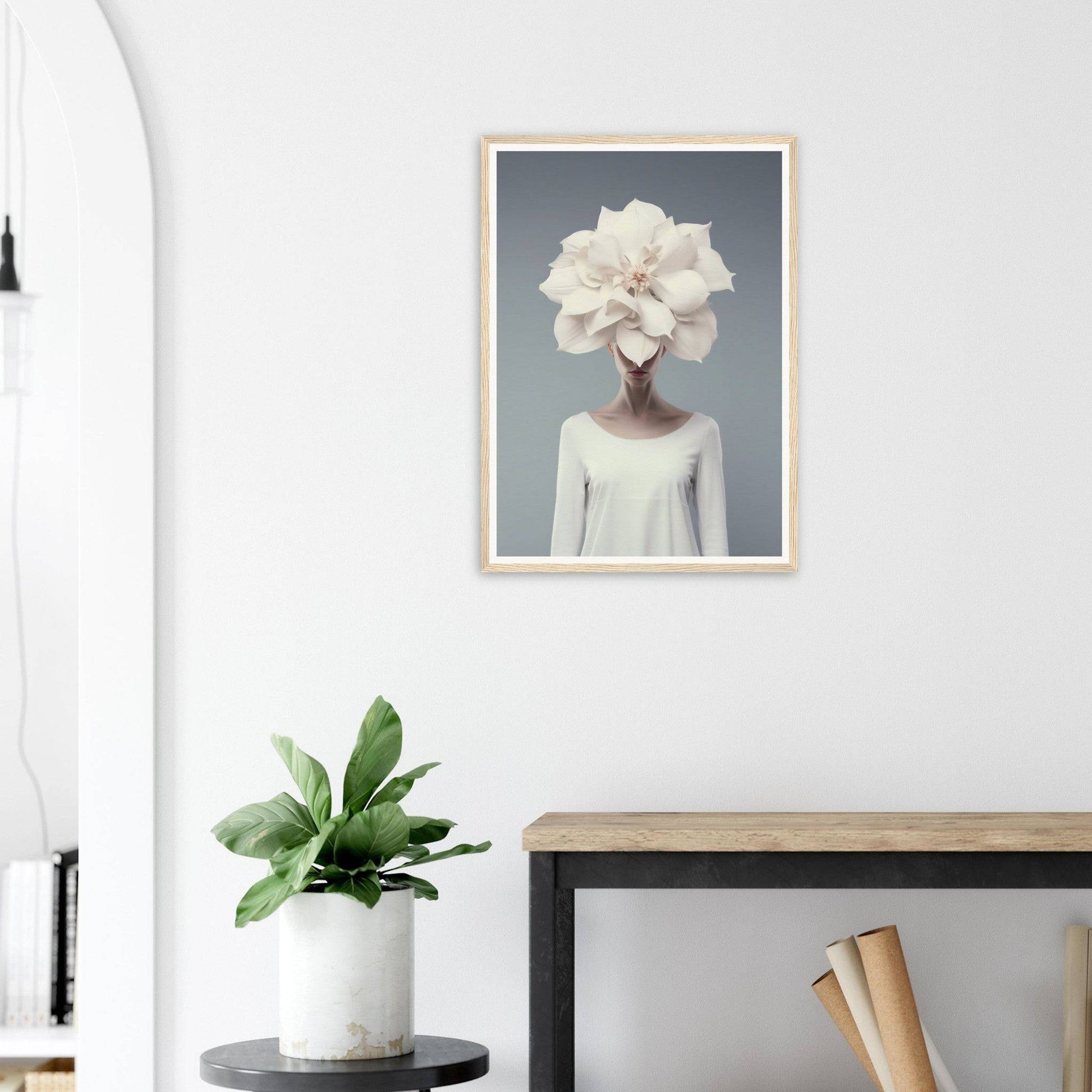 Framed surrealist artwork depicting a figure with a giant white flower for a head.