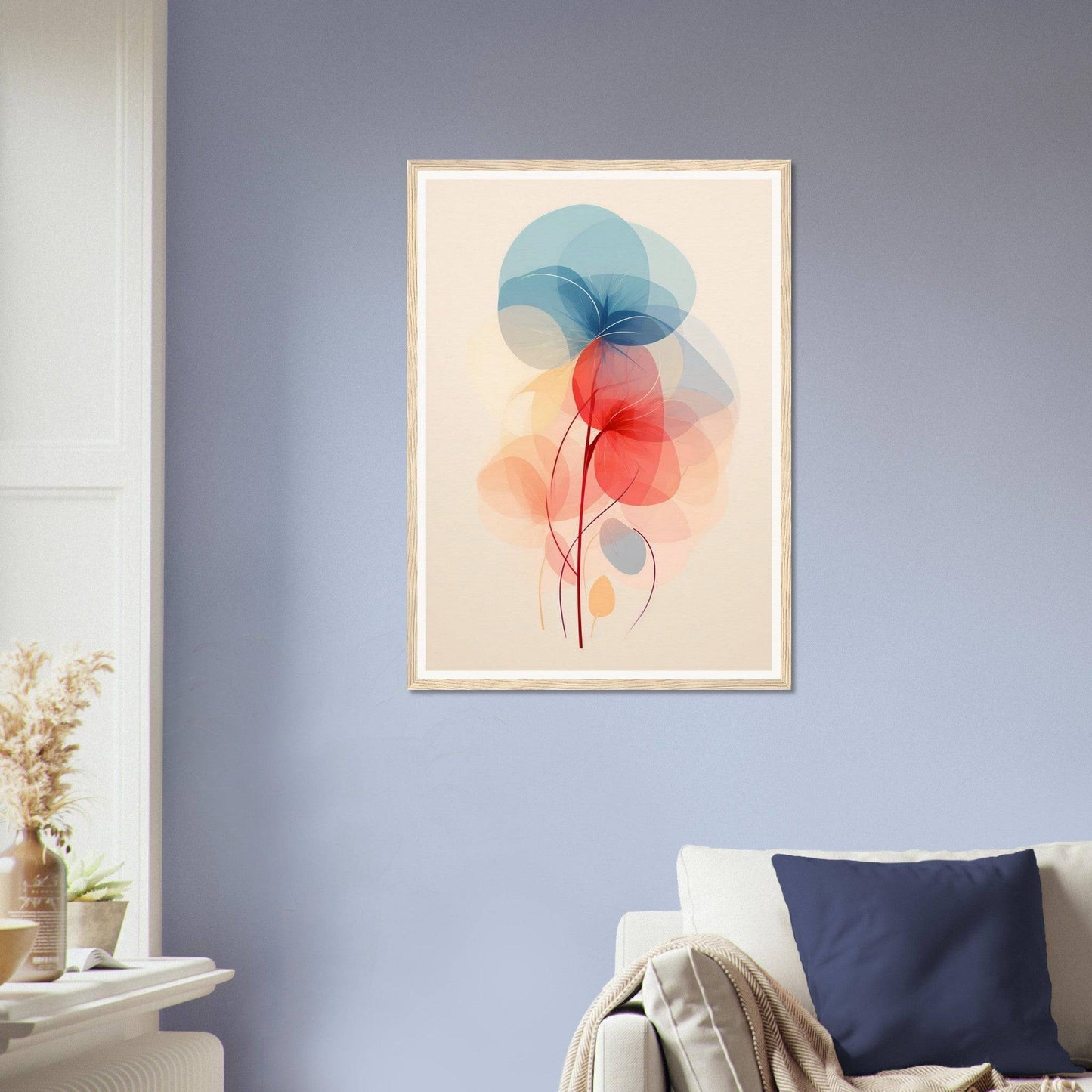 Framed watercolor painting of abstract, translucent floral shapes in blue and red.