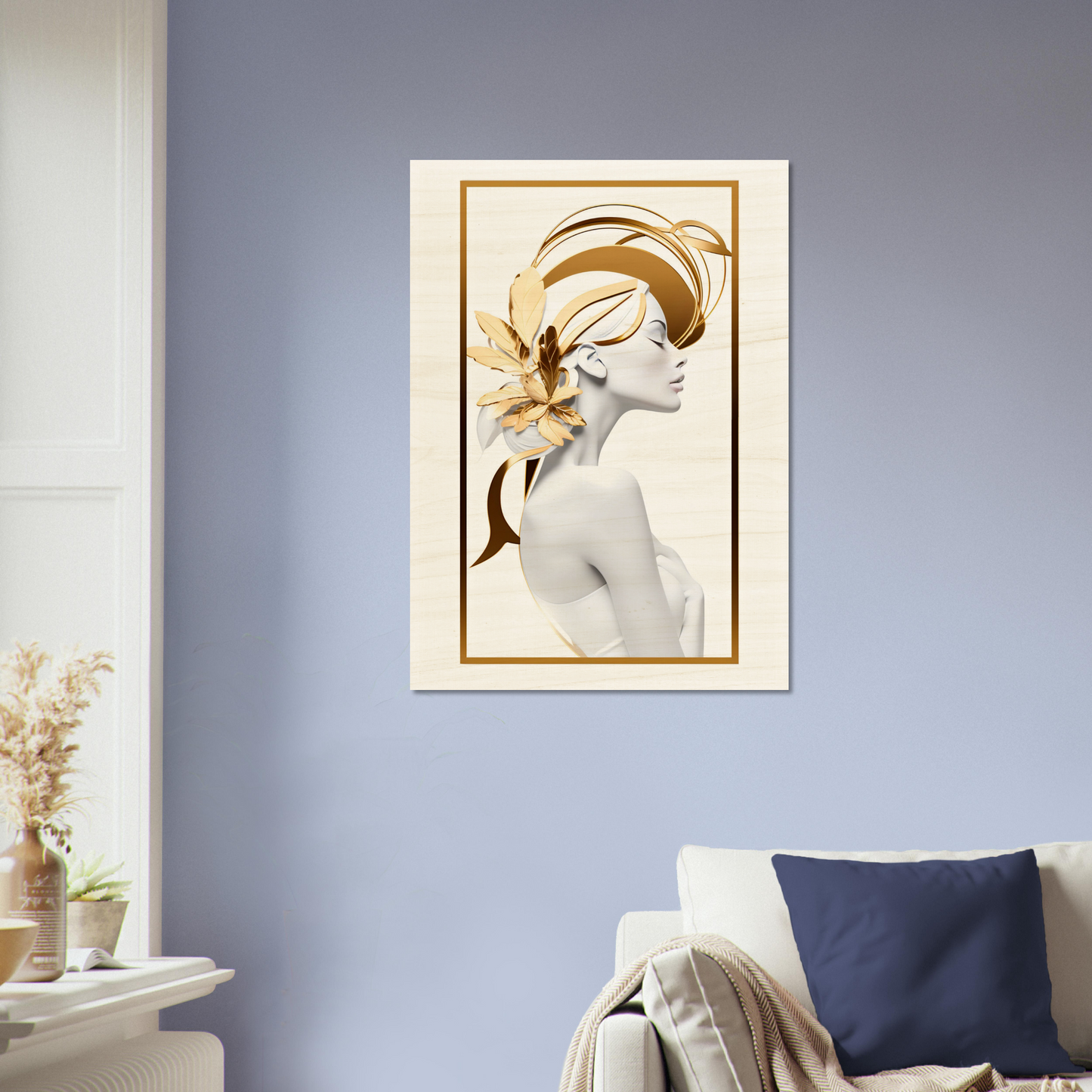 Elegant artwork depicting a stylized female profile with golden floral accents.