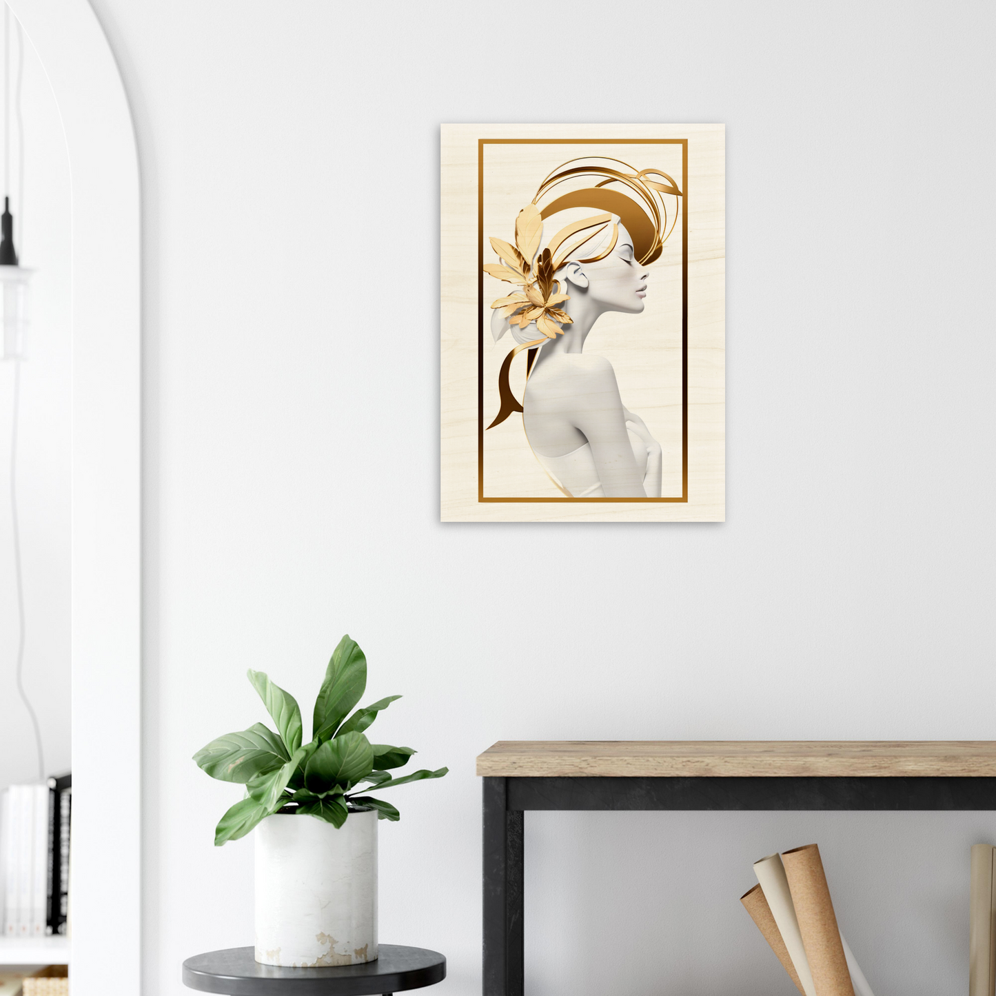 Framed artwork depicting a stylized profile of a woman with golden floral elements in her hair.