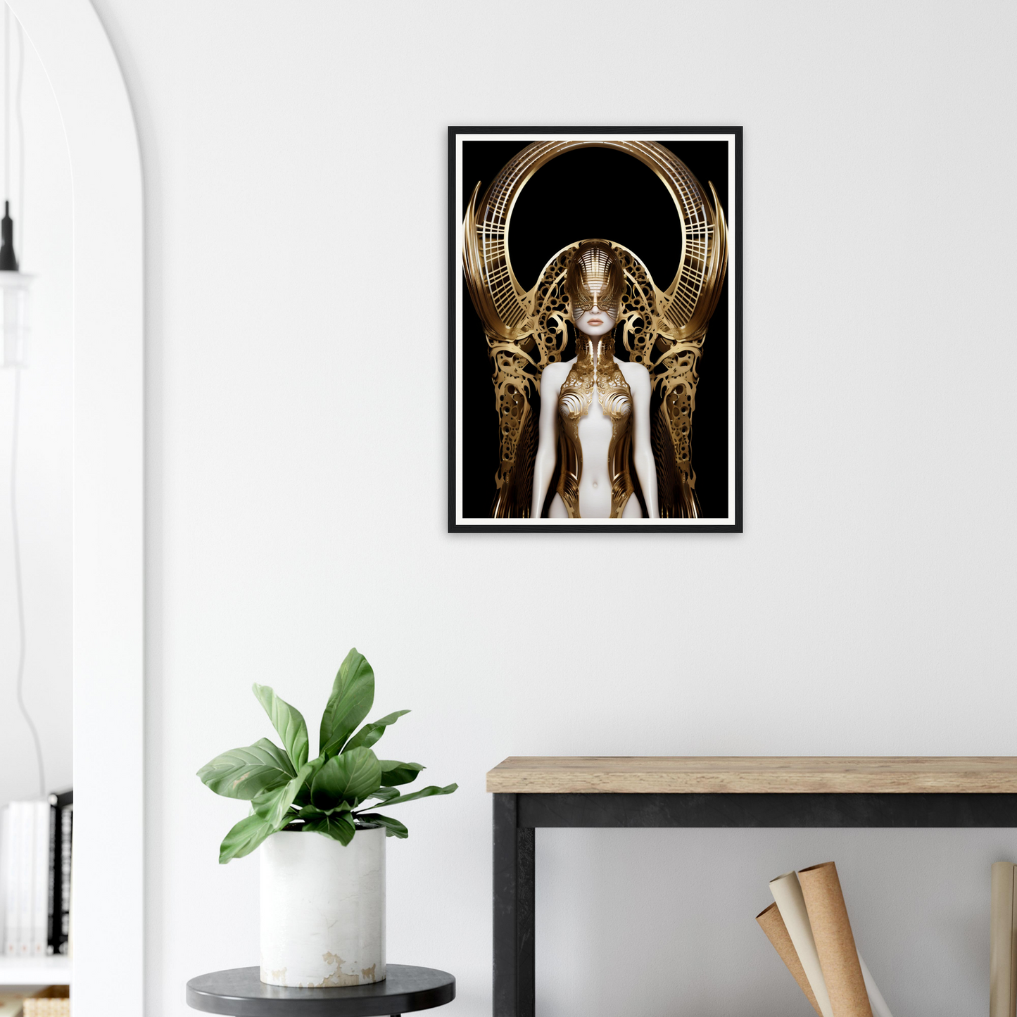 Framed artwork depicting a surreal, alien-like figure with an ornate golden headdress against a dark background.