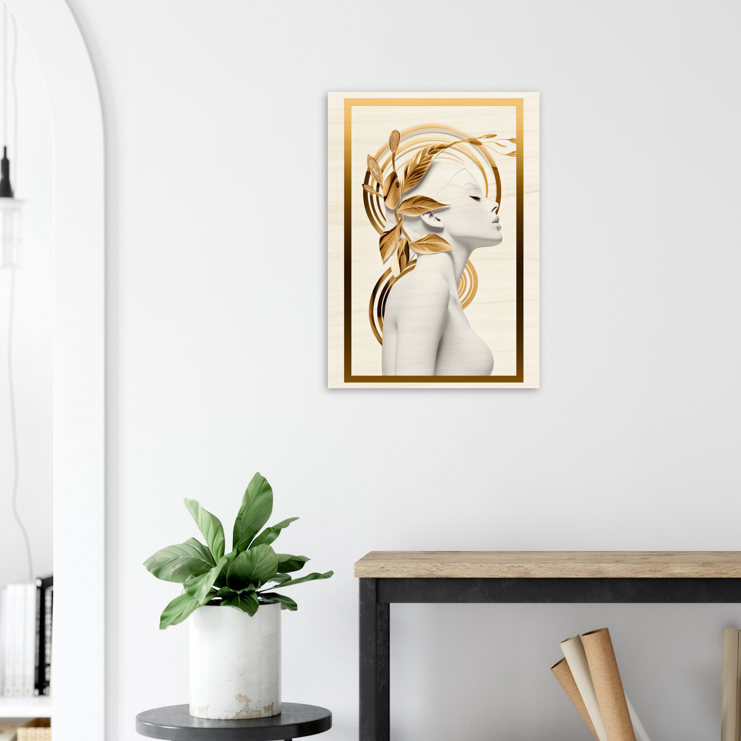 Framed artwork depicting a stylized profile portrait with golden accents.