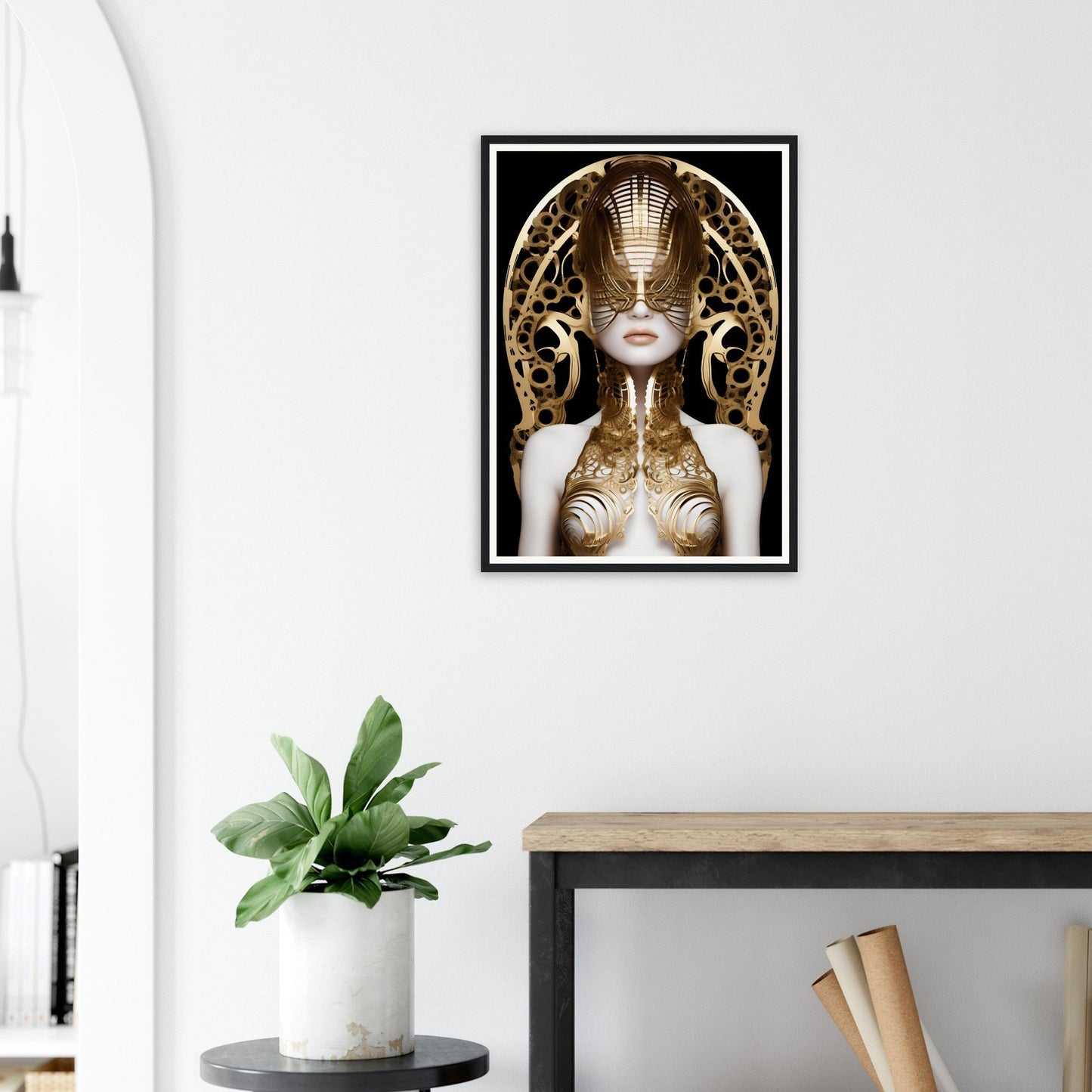 Framed artwork depicting a figure with an elaborate golden headdress and body adornments.