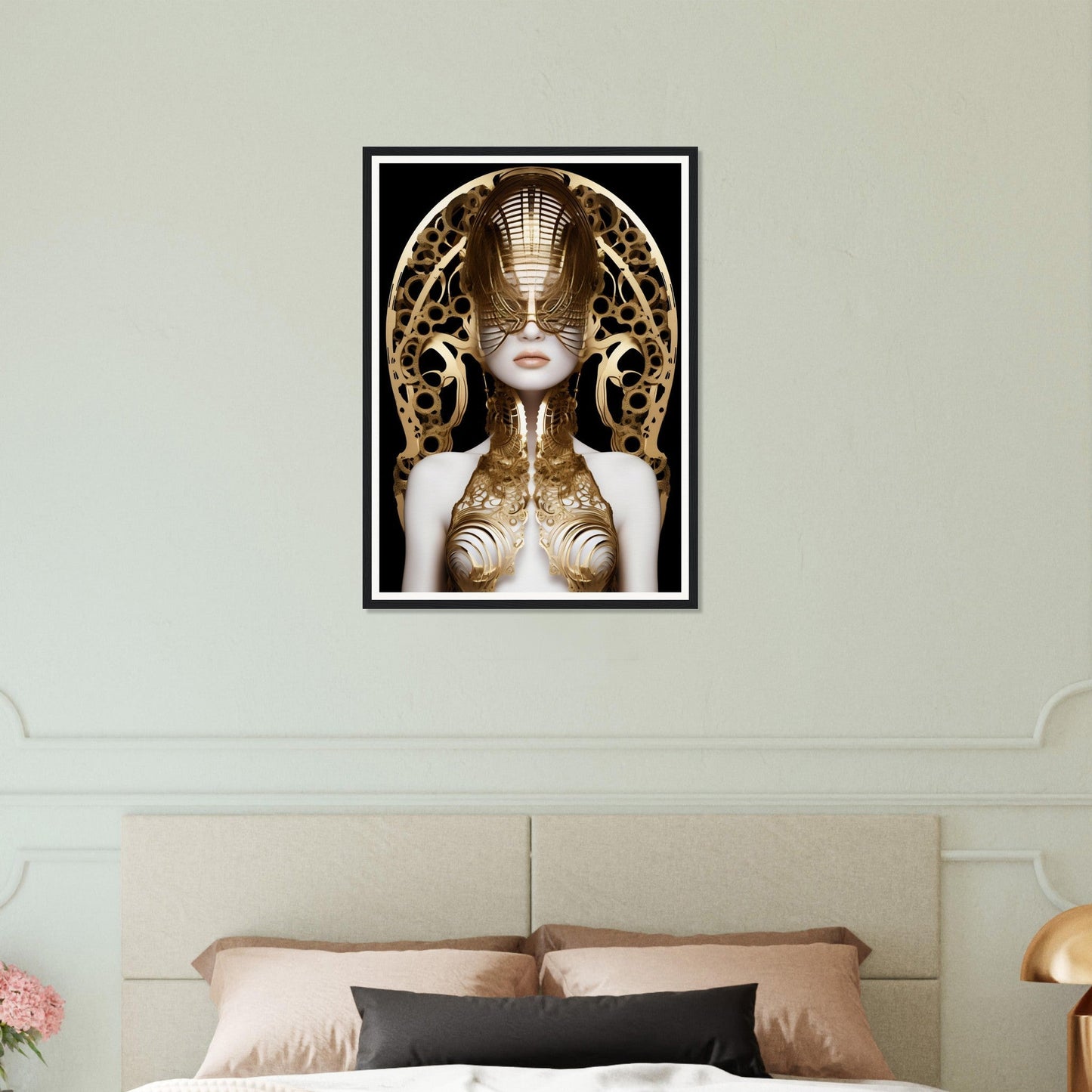 Framed artwork depicting a futuristic, golden-adorned figure with an elaborate headdress.