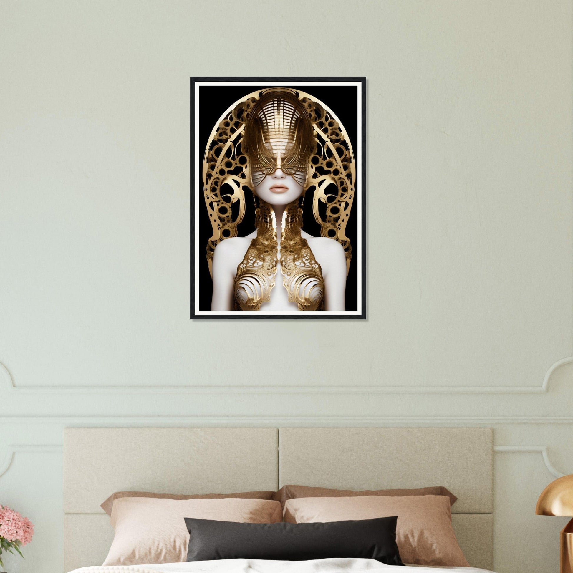 Framed artwork depicting a futuristic, golden-adorned figure with an elaborate headdress.