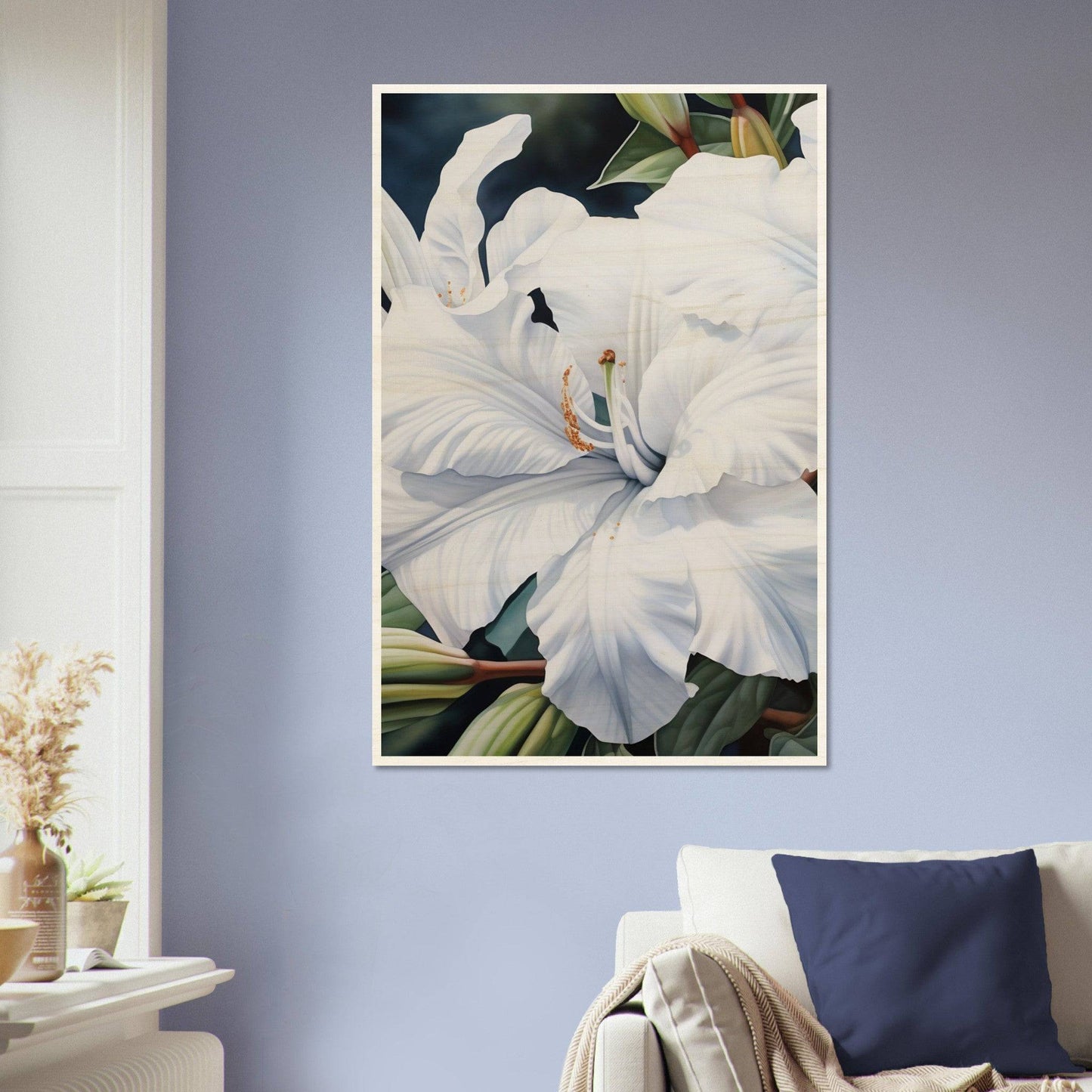 Painting of a white lily flower with detailed petals in close-up view.