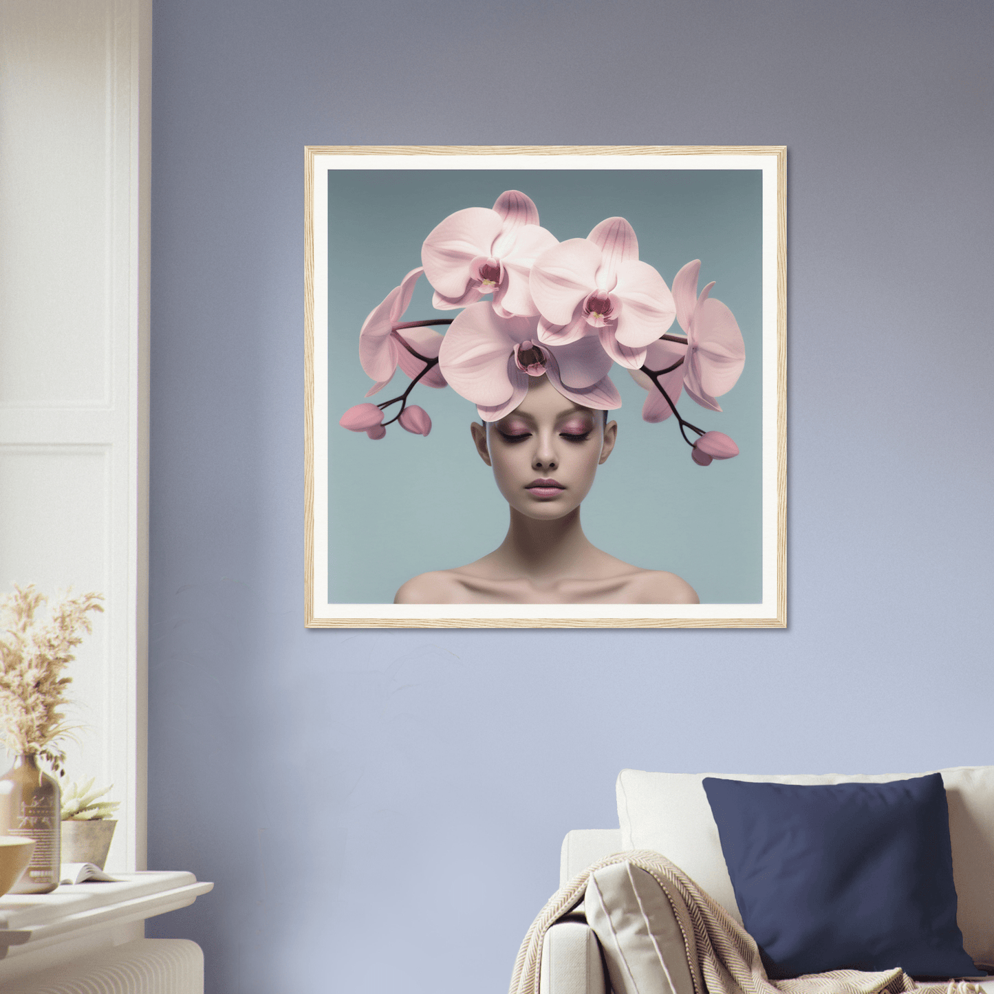 Framed artwork featuring a person wearing an elaborate orchid headdress.