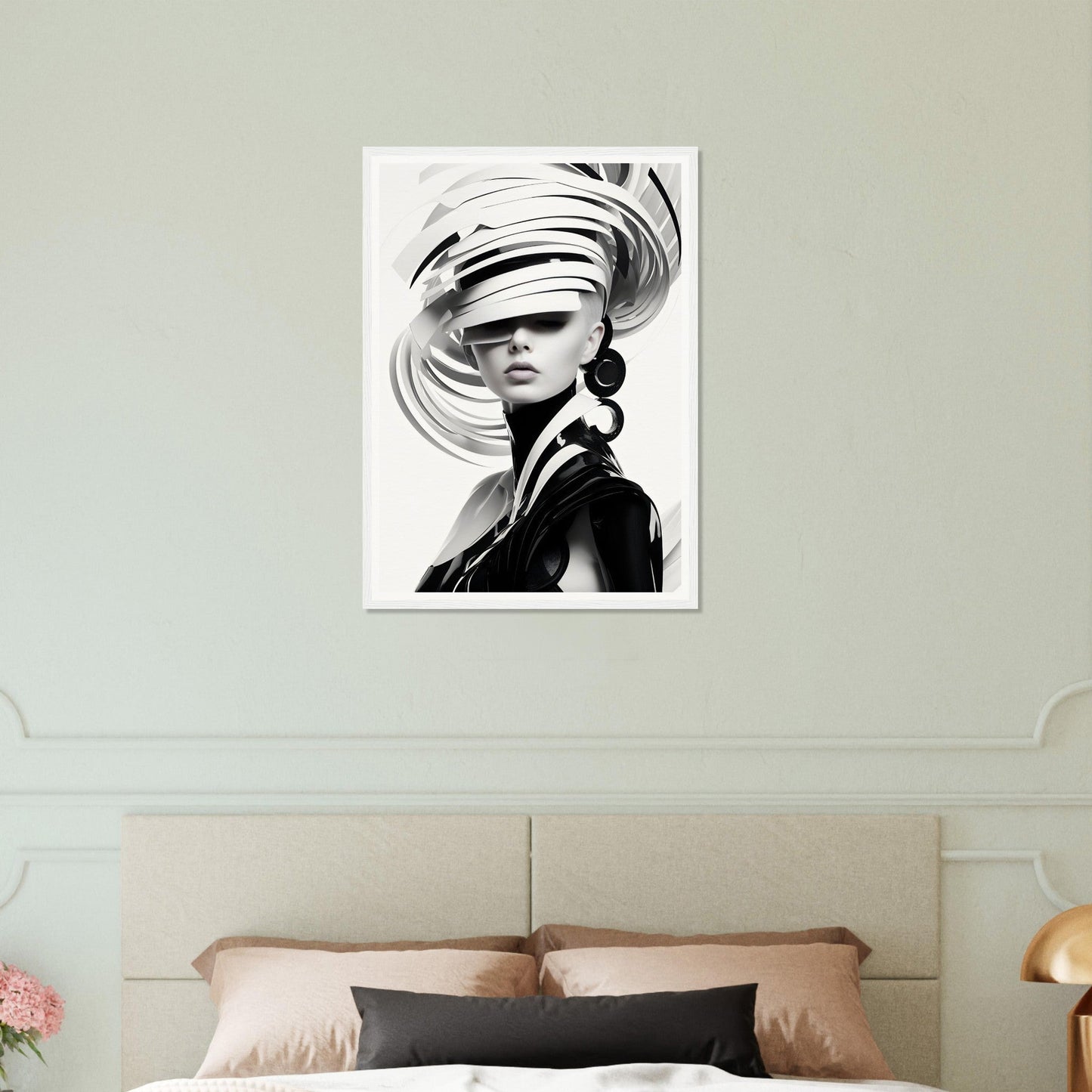 Black and white portrait of a person wearing an avant-garde swirling hat that covers their eyes.