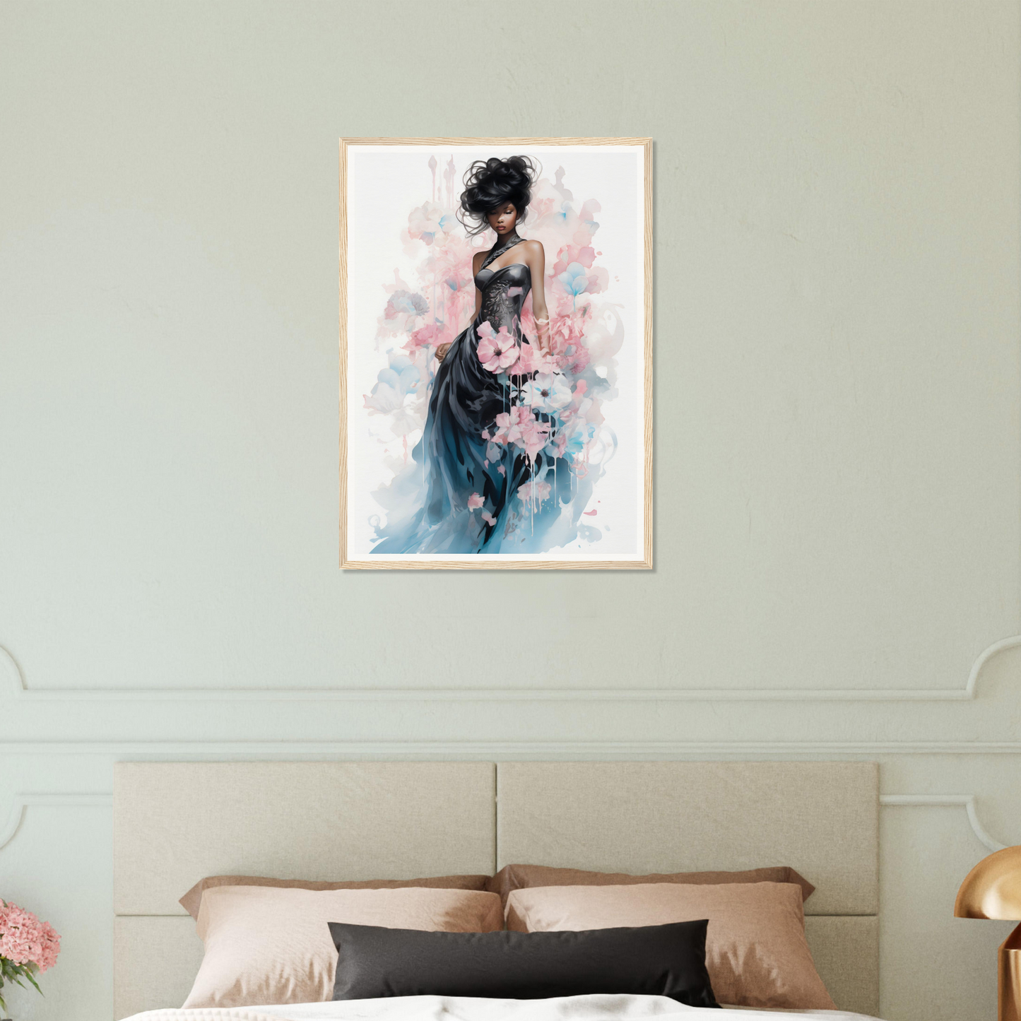 Watercolor-style painting of a woman in an elegant flowing dress with soft pink and blue hues.