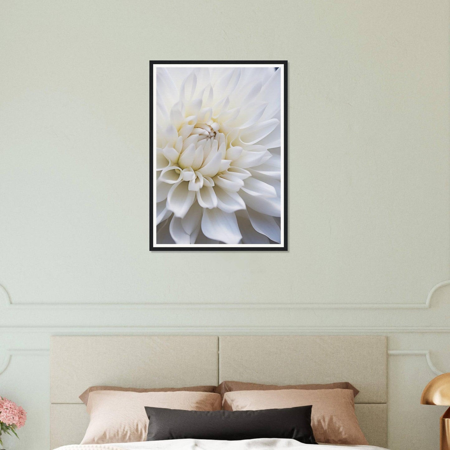 Framed photograph of a white dahlia flower in close-up.