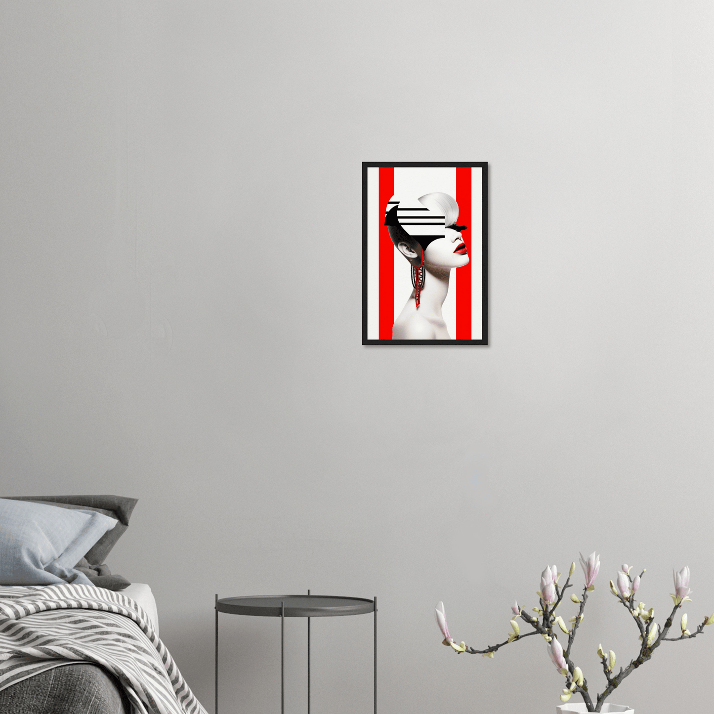 Framed artwork depicting a hand holding a wine glass with red liquid dripping down.