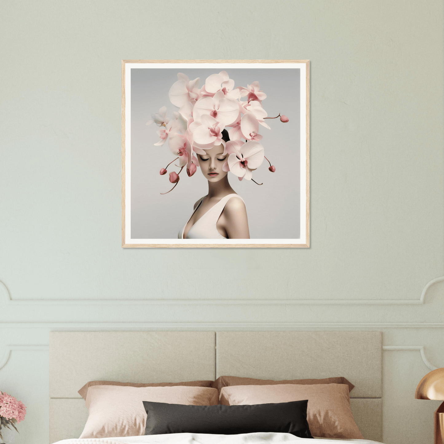 Framed artwork depicting a figure wearing an elaborate floral headdress.
