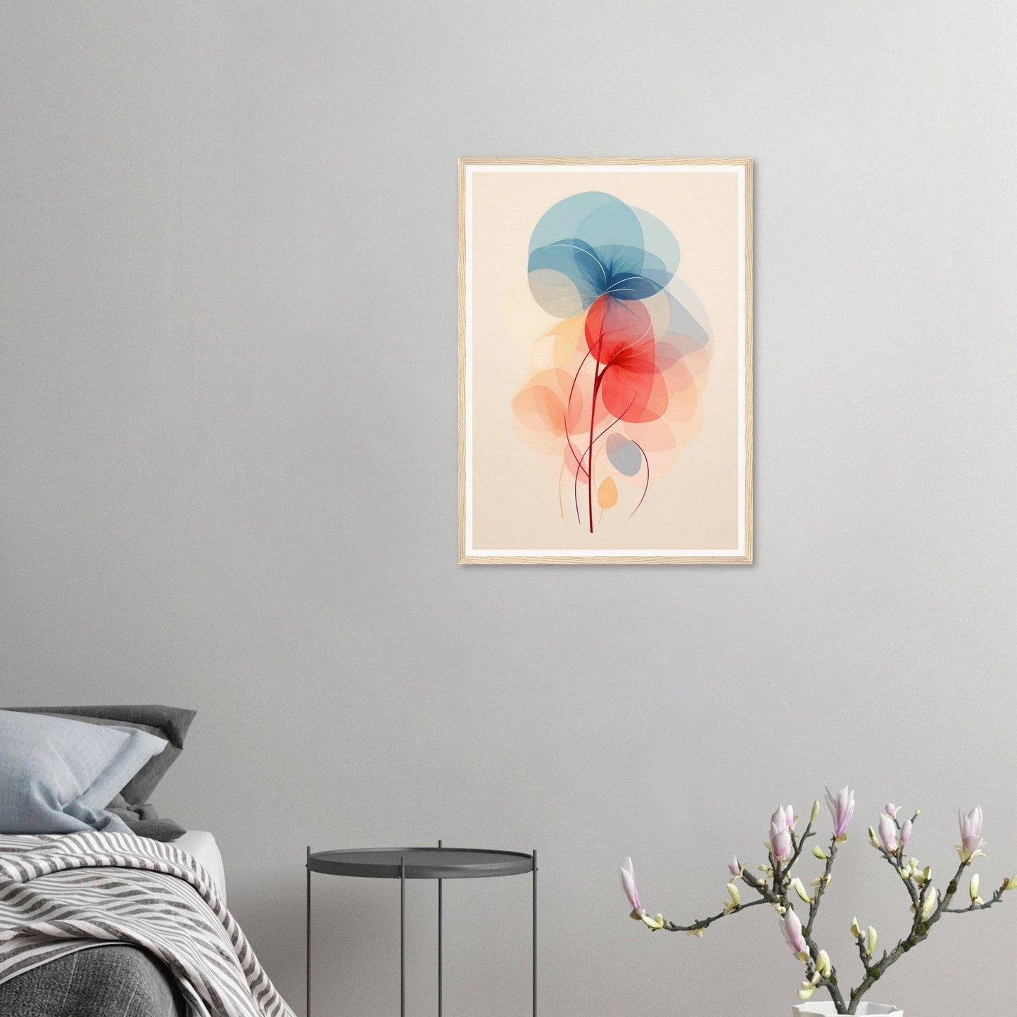 Abstract watercolor painting featuring overlapping translucent circles in blue and red hues.