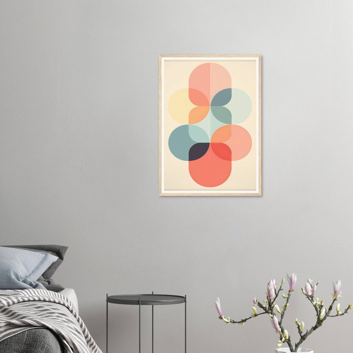 Abstract geometric artwork featuring overlapping circles in soft pastel colors.