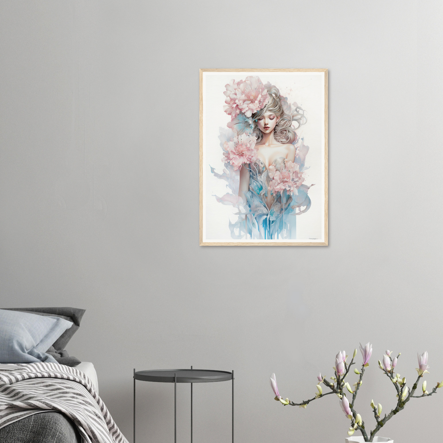 Framed watercolor-style portrait of a woman with flowers and ethereal elements.