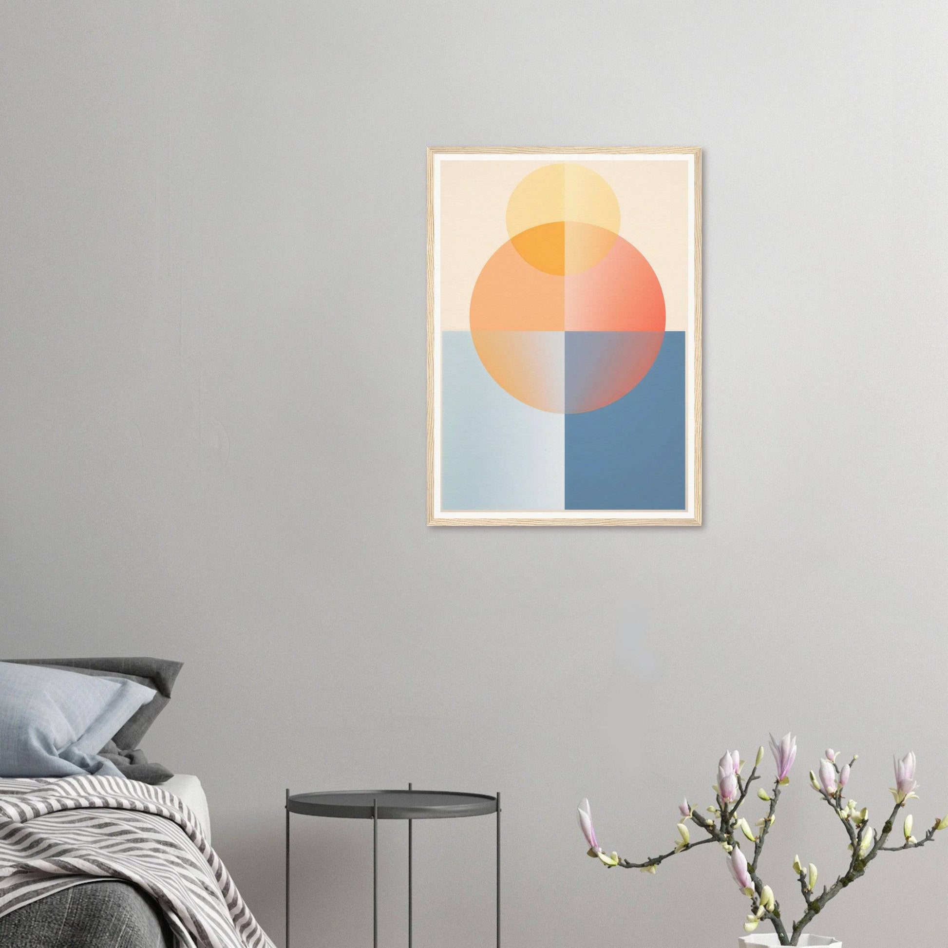 Framed geometric abstract artwork featuring a circular shape divided into pastel-colored quadrants.