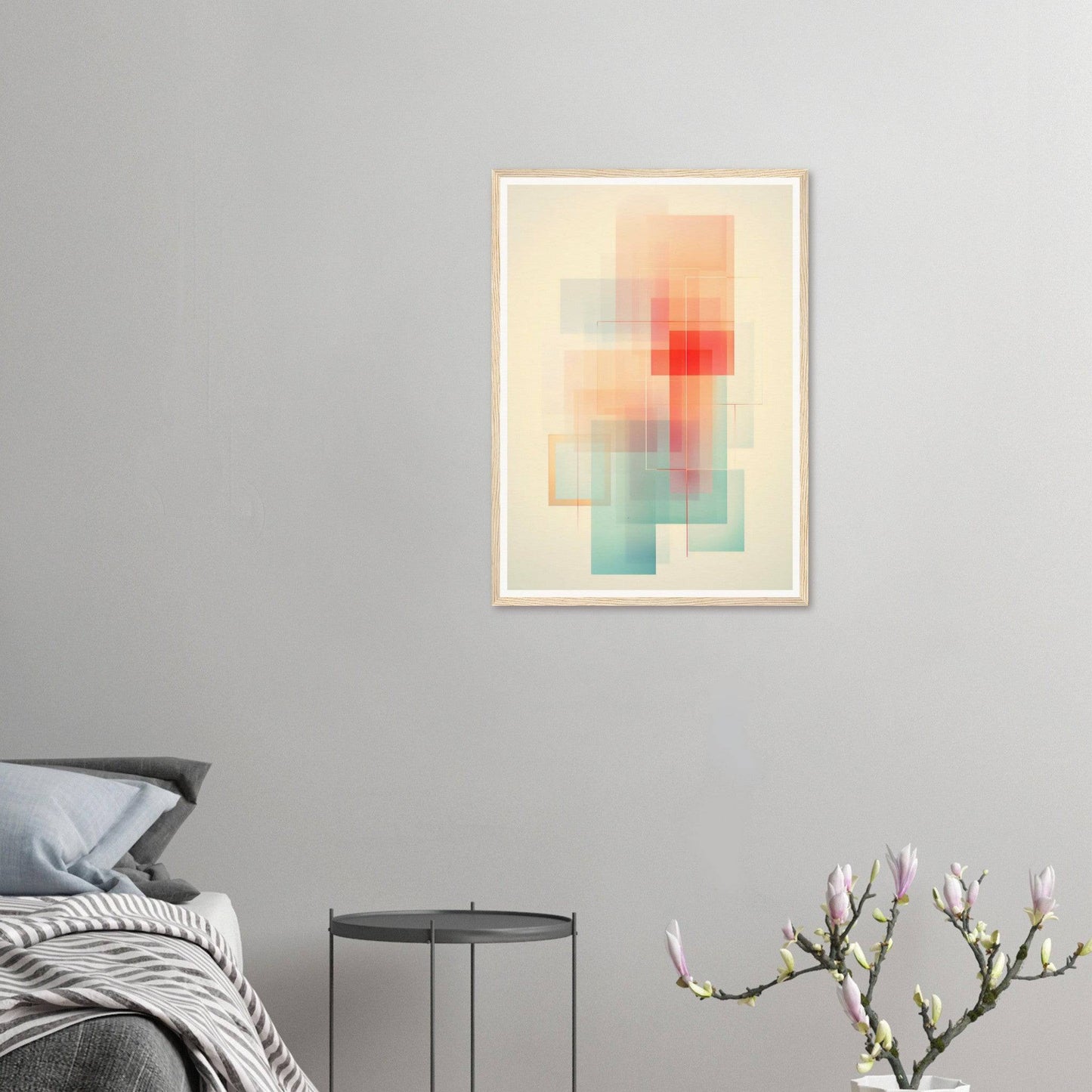Abstract artwork featuring soft, blended geometric shapes in pastel colors framed on a white background.