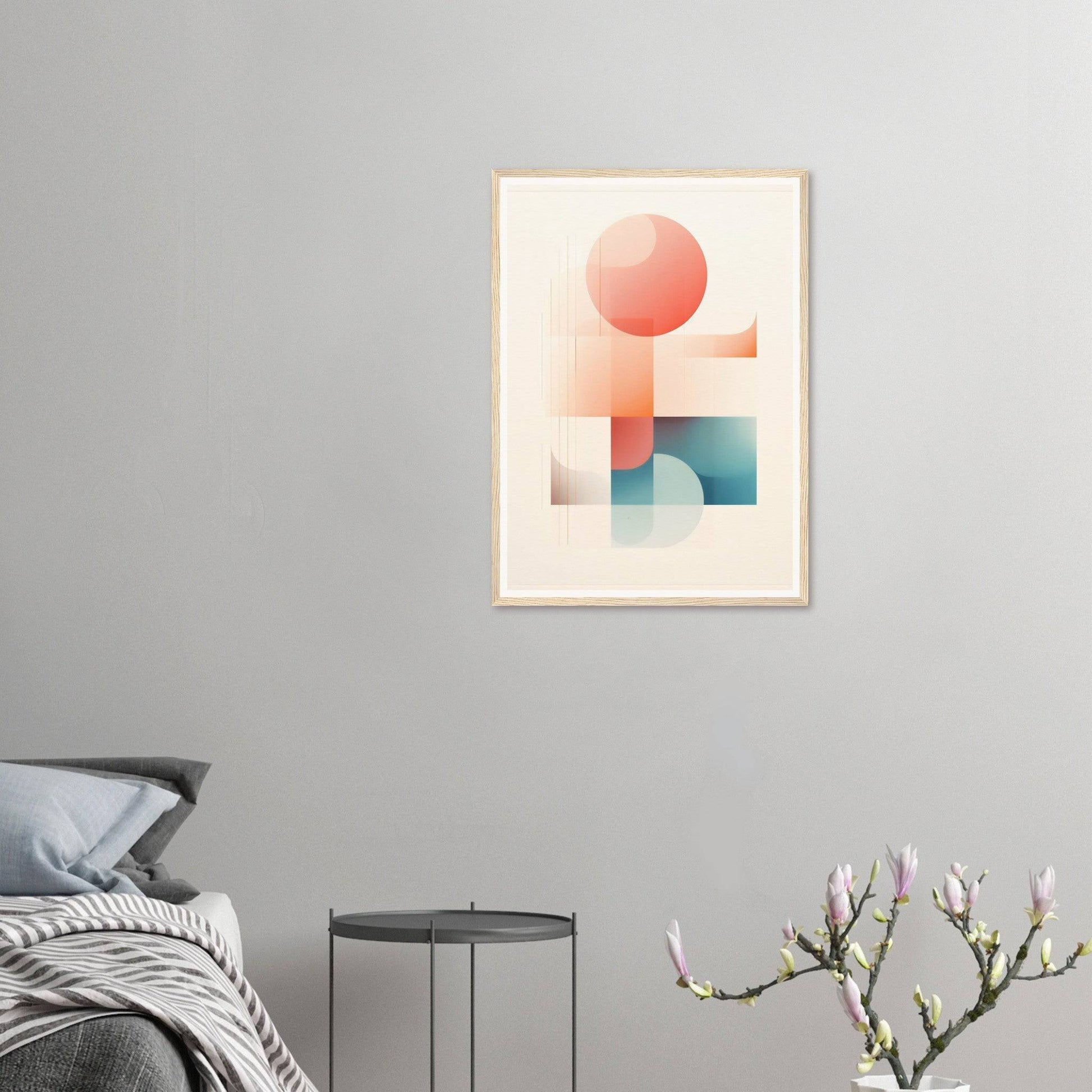 Abstract geometric artwork featuring soft pastel shapes in coral and blue tones.