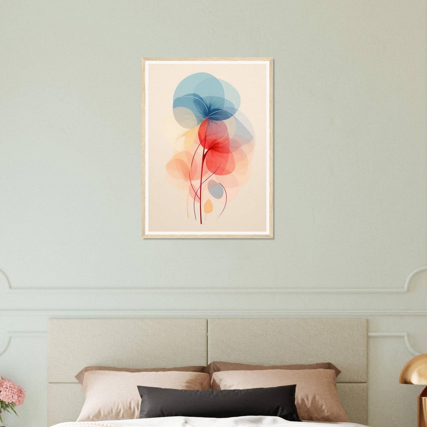 Abstract watercolor painting of delicate, overlapping floral shapes in blue and red hues.
