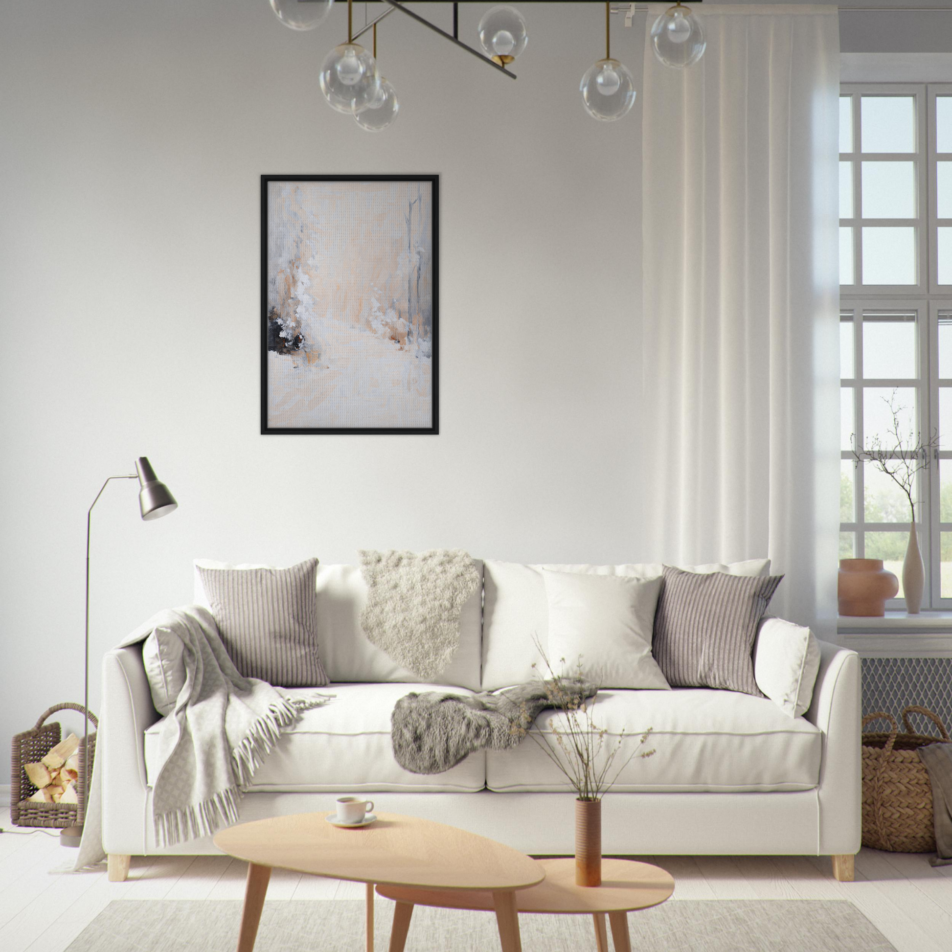 White sofa with decorative pillows and throws in White Path framed canvas print design