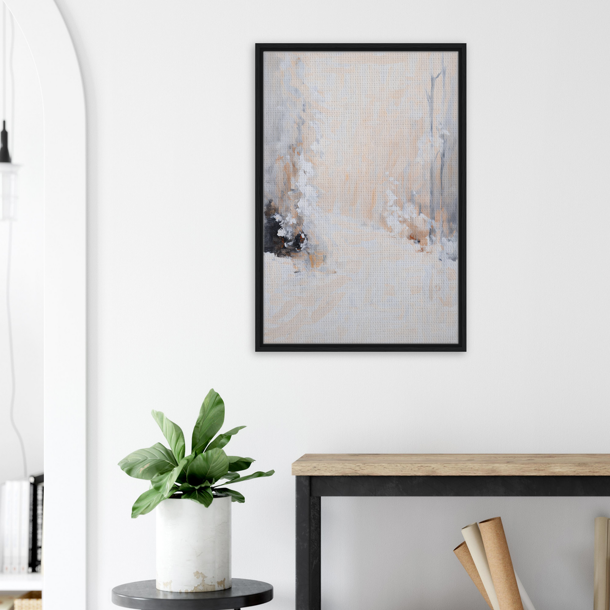 Abstract painting in muted tones within a black frame, Fashion Oracle™ White Path framed canvas print
