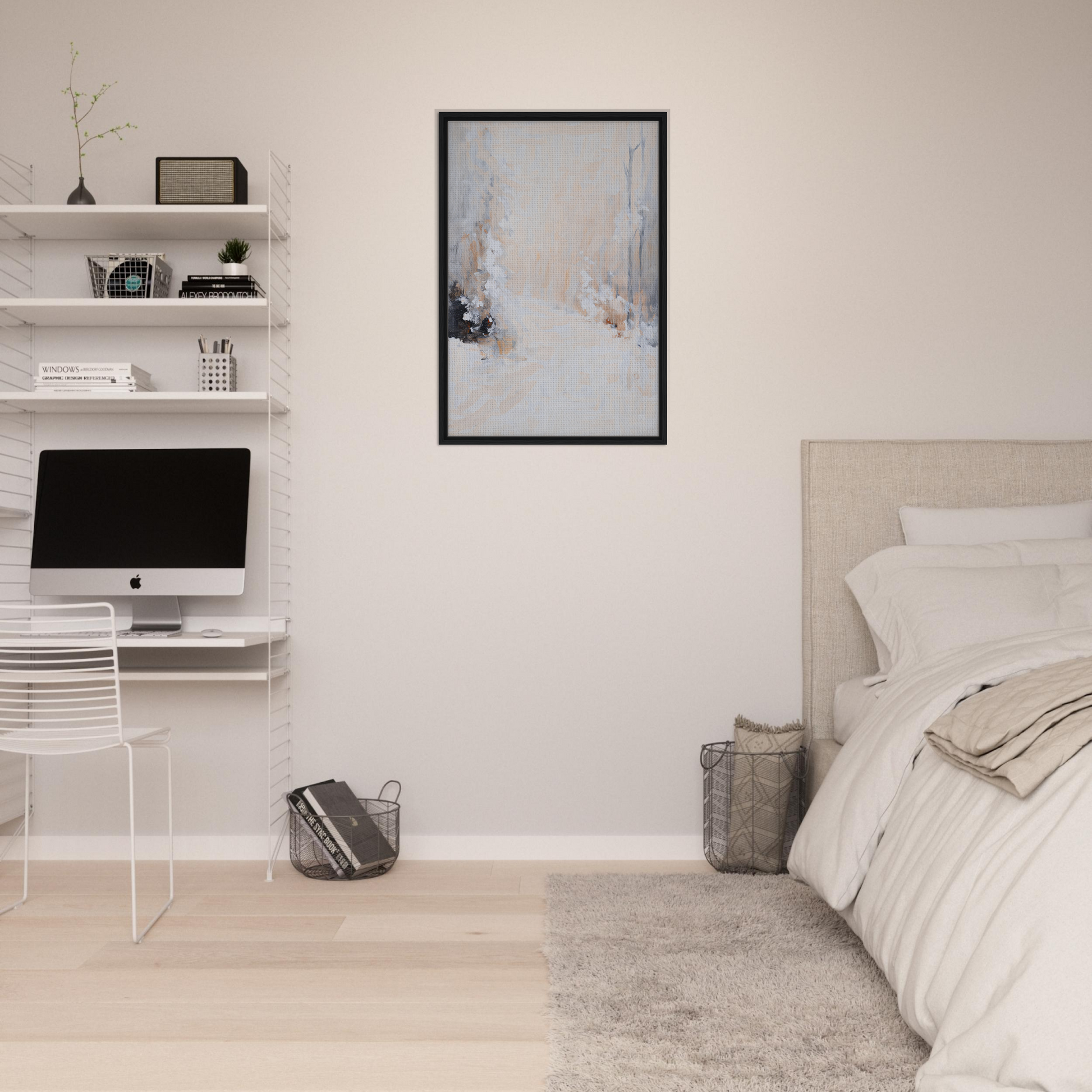 Minimalist bedroom featuring White Path room decor with floating shelves and abstract artwork