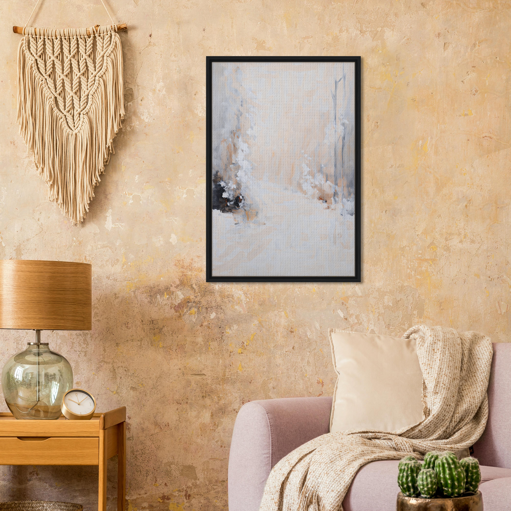 Framed abstract watercolor painting in gray and beige tones, White Path room decor