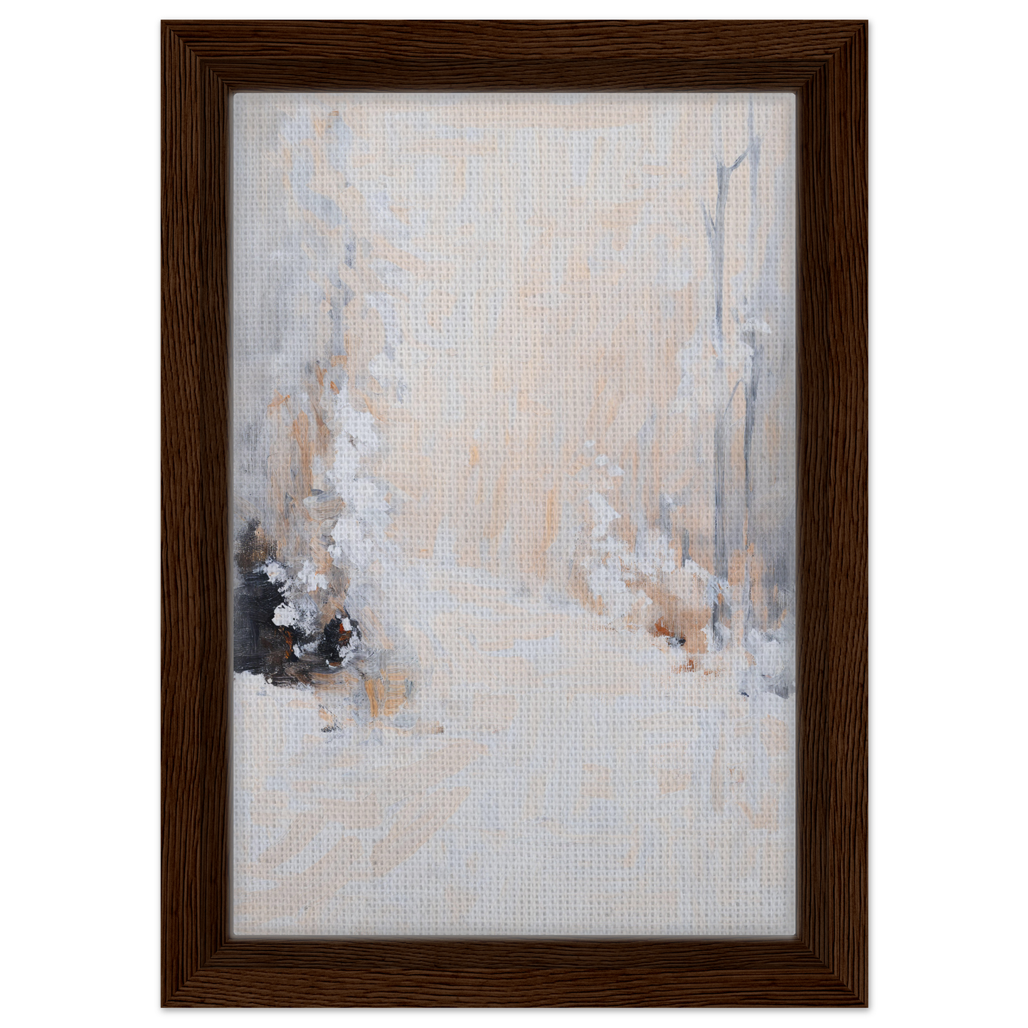 Abstract painting in muted colors with brown wooden frame, White Path framed canvas print
