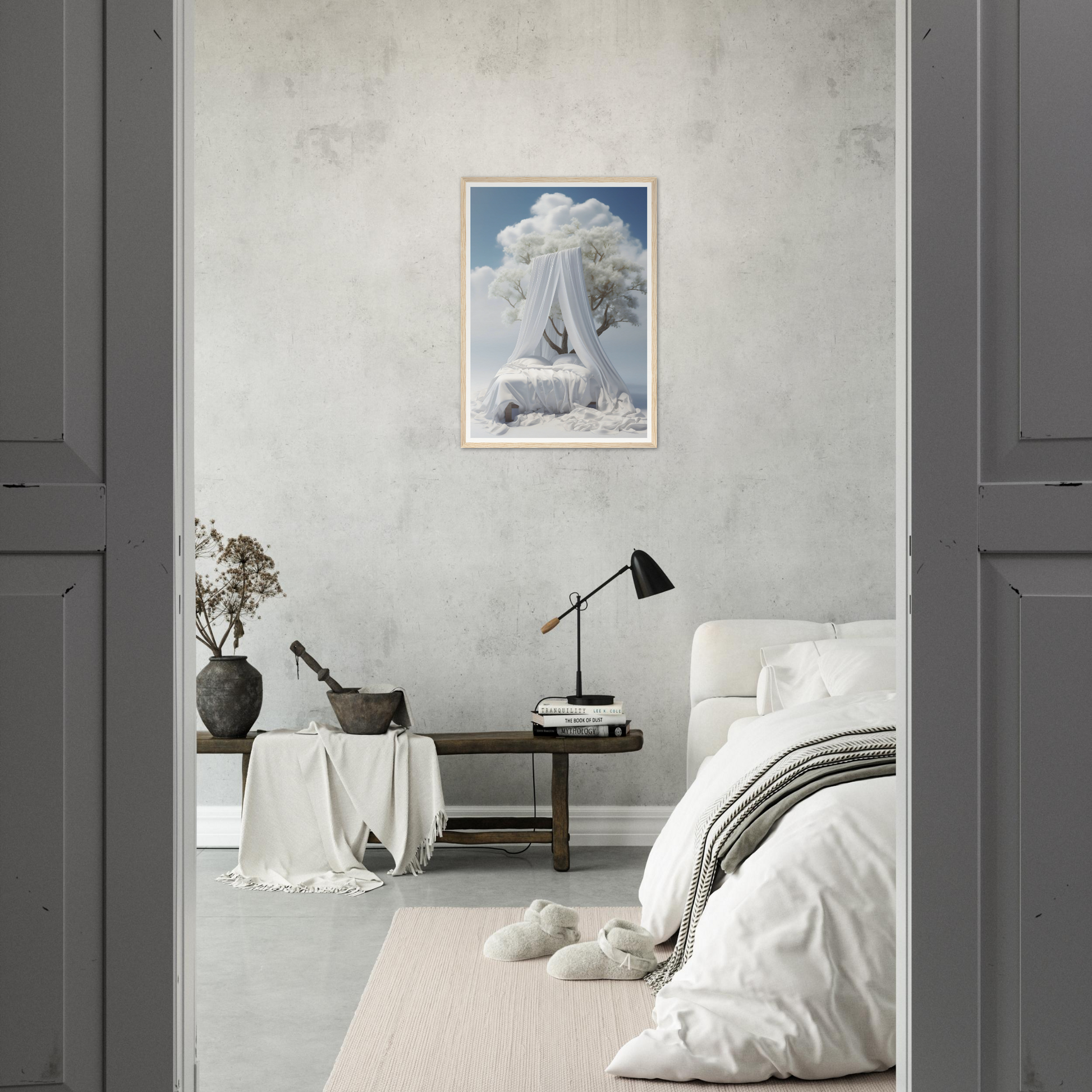 A white statue in a room with a large window