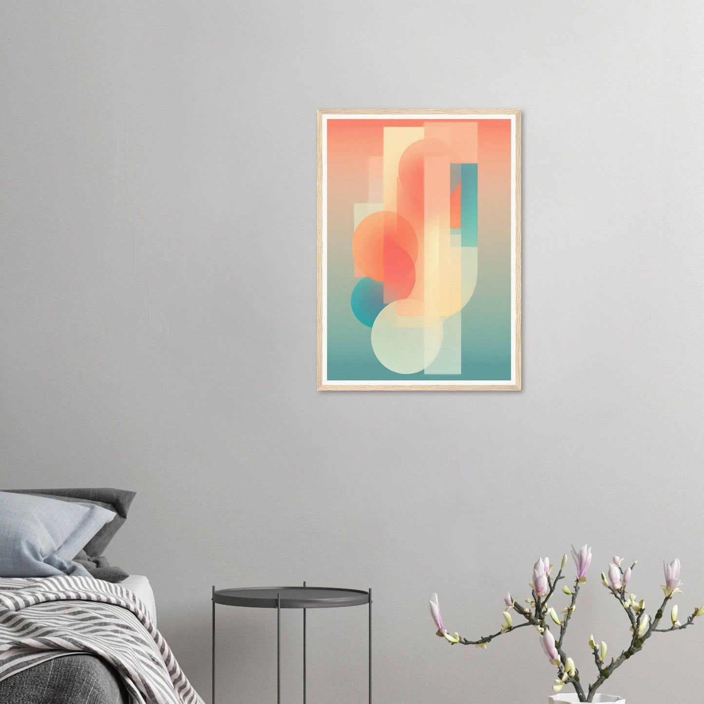 Abstract geometric artwork featuring soft, overlapping shapes in pastel coral, teal, and cream tones.