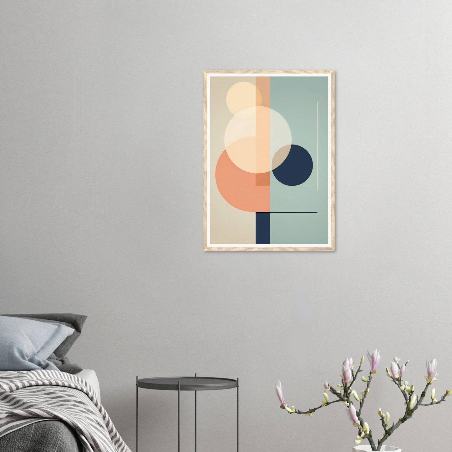 Abstract geometric art print featuring overlapping circles and shapes in muted pastel colors.