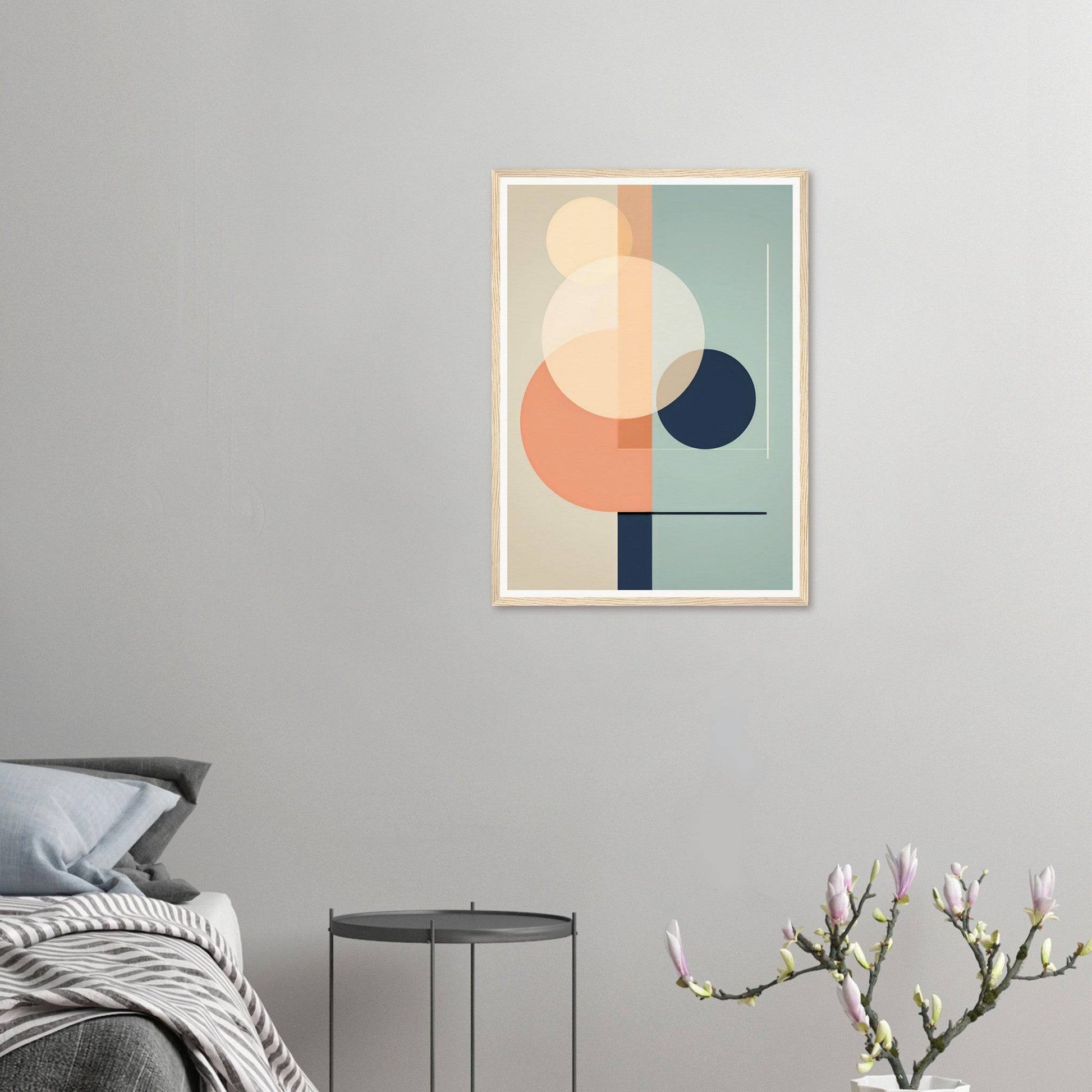 Abstract geometric art print featuring overlapping circles and shapes in muted pastel colors.