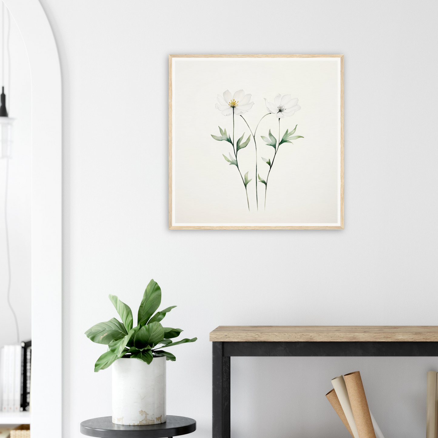 Framed botanical illustration of delicate wildflowers with stems and leaves.