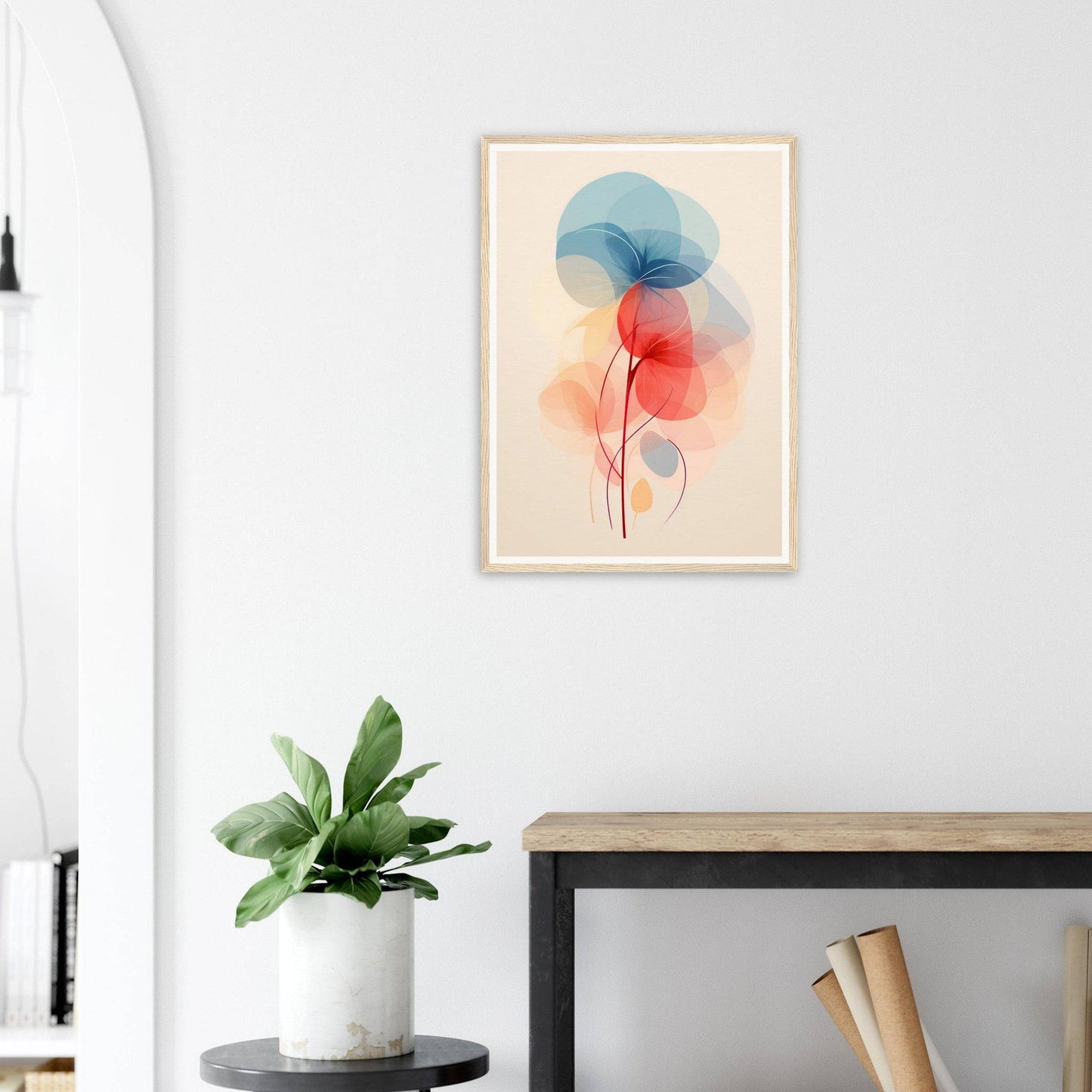 Abstract watercolor painting of overlapping circular shapes in blue, red, and gray tones.