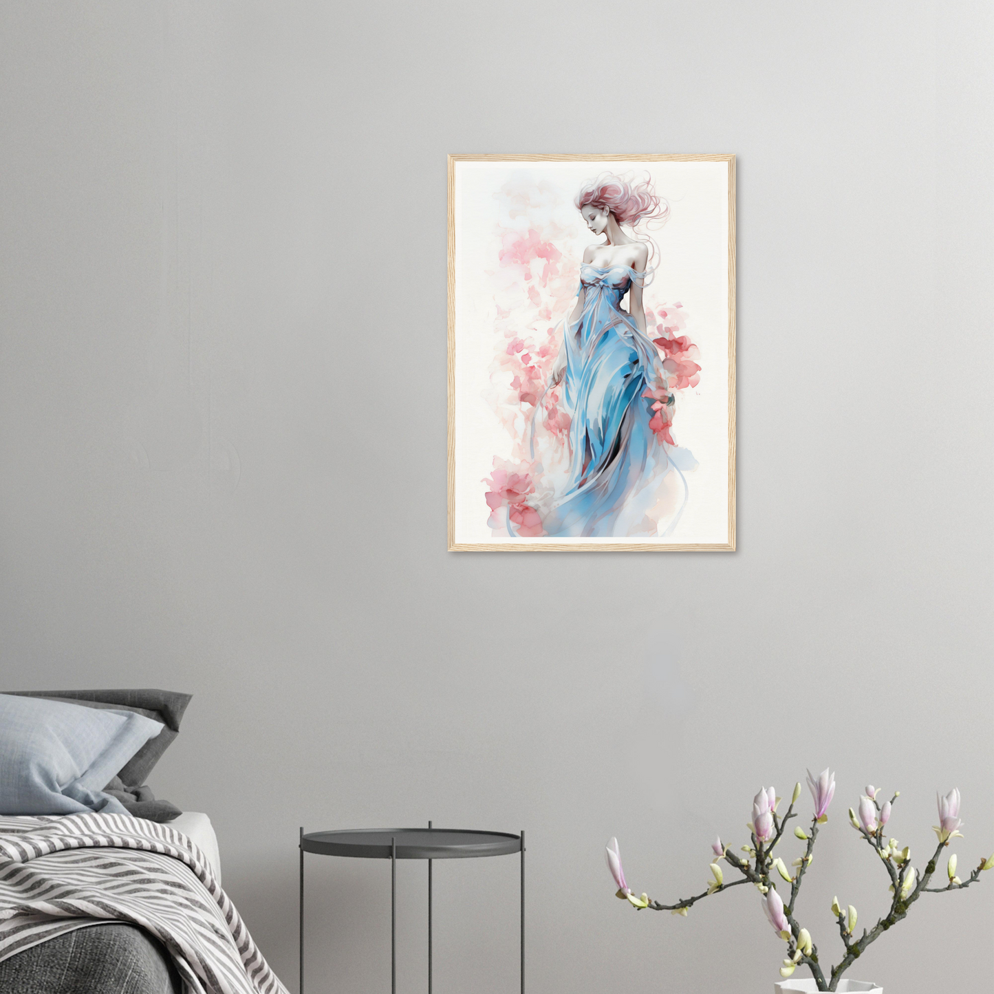 Framed watercolor painting of an ethereal figure in a flowing blue dress with pink floral accents.