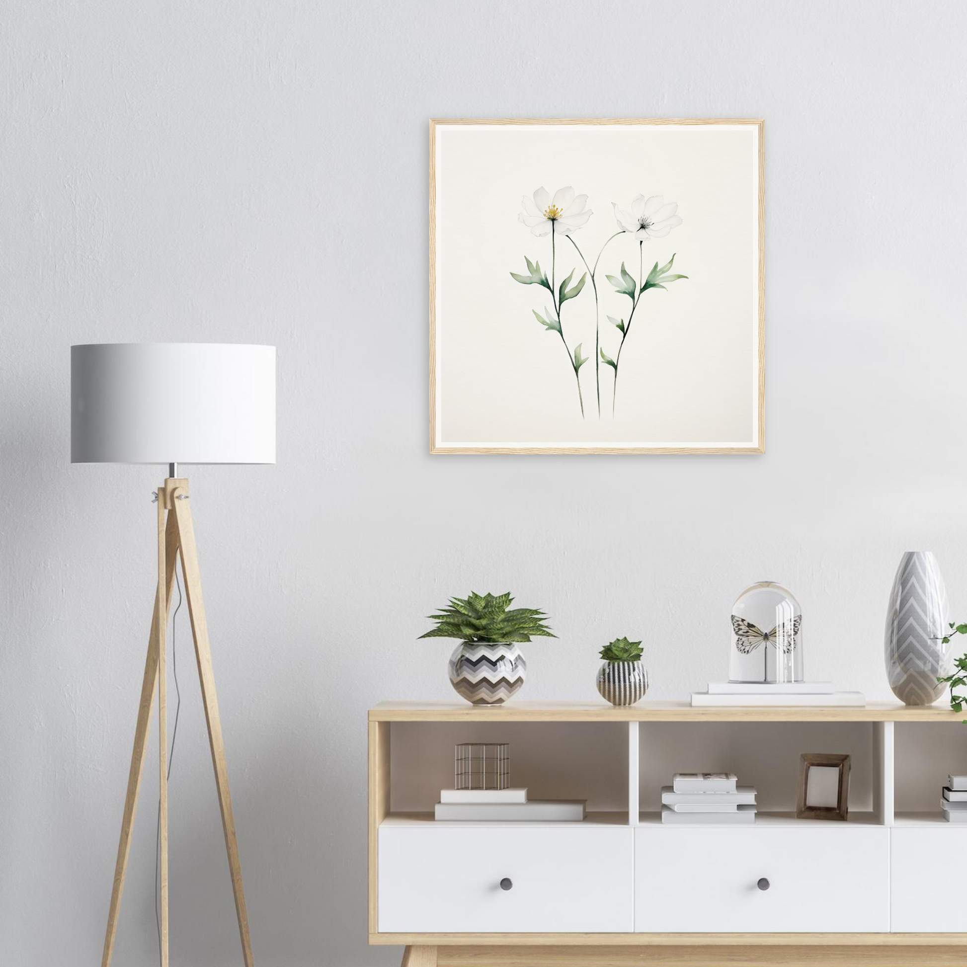 Framed botanical illustration of delicate wildflowers with stems and leaves.