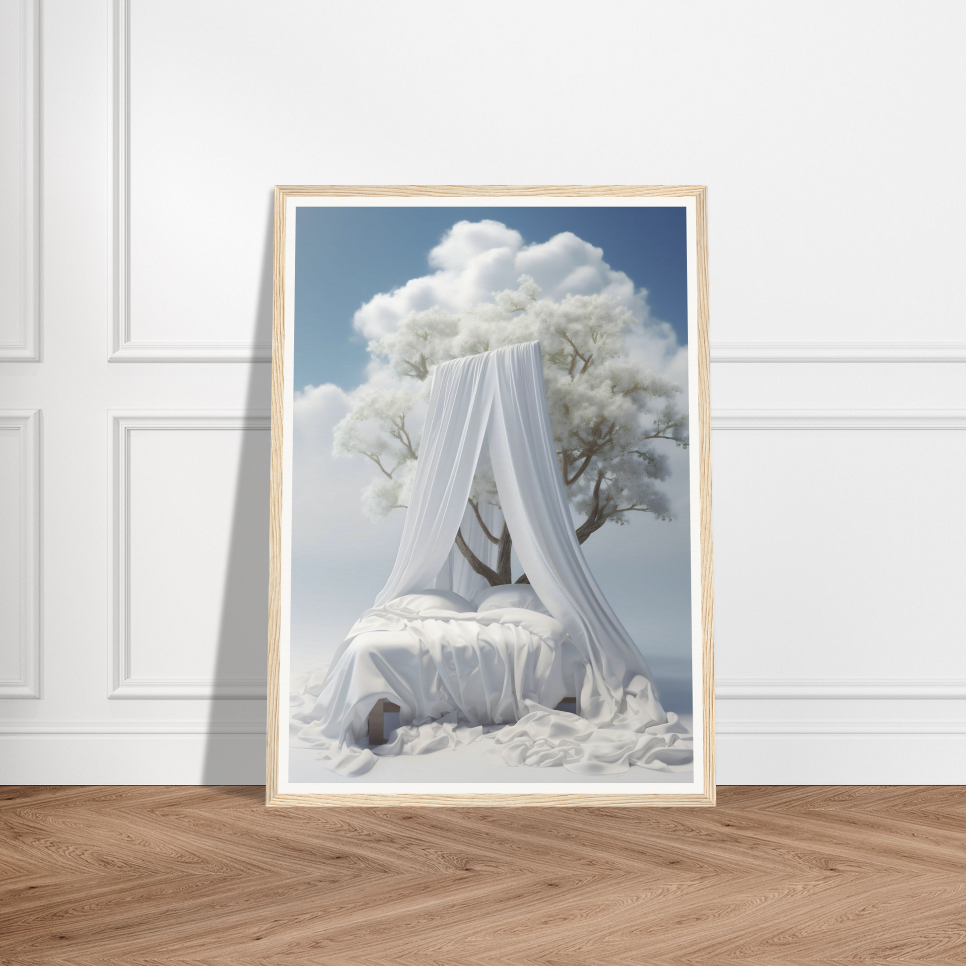 A white tree with a canopy hanging on a wall