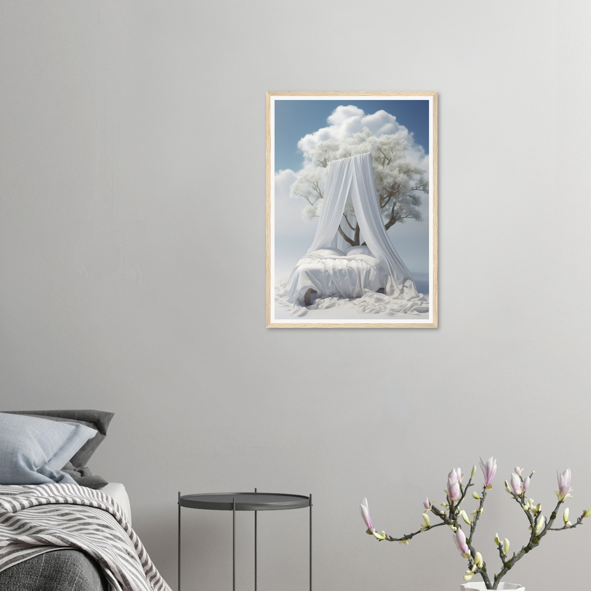 A white tree in the sky with a white canopy hanging above it