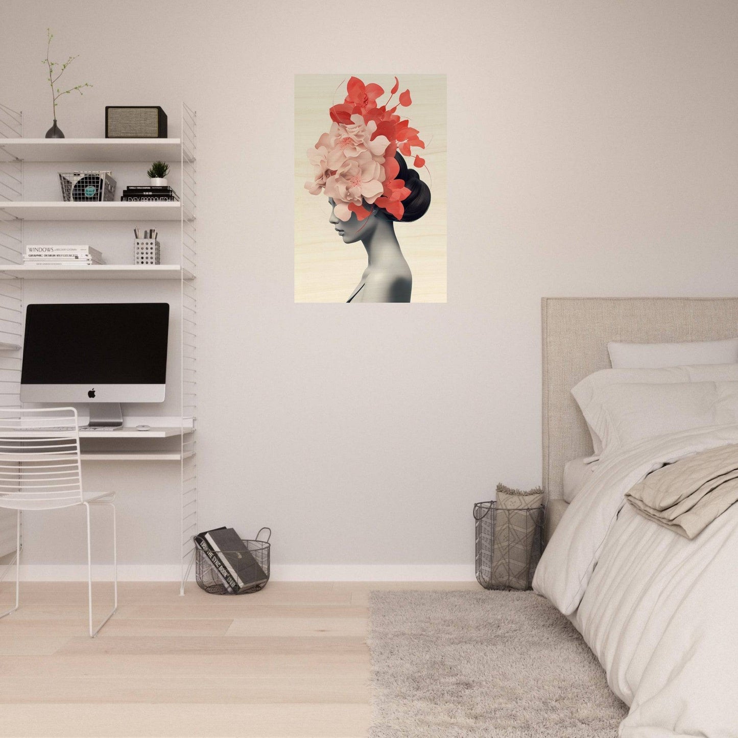 Minimalist bedroom with a striking floral portrait artwork on the wall.