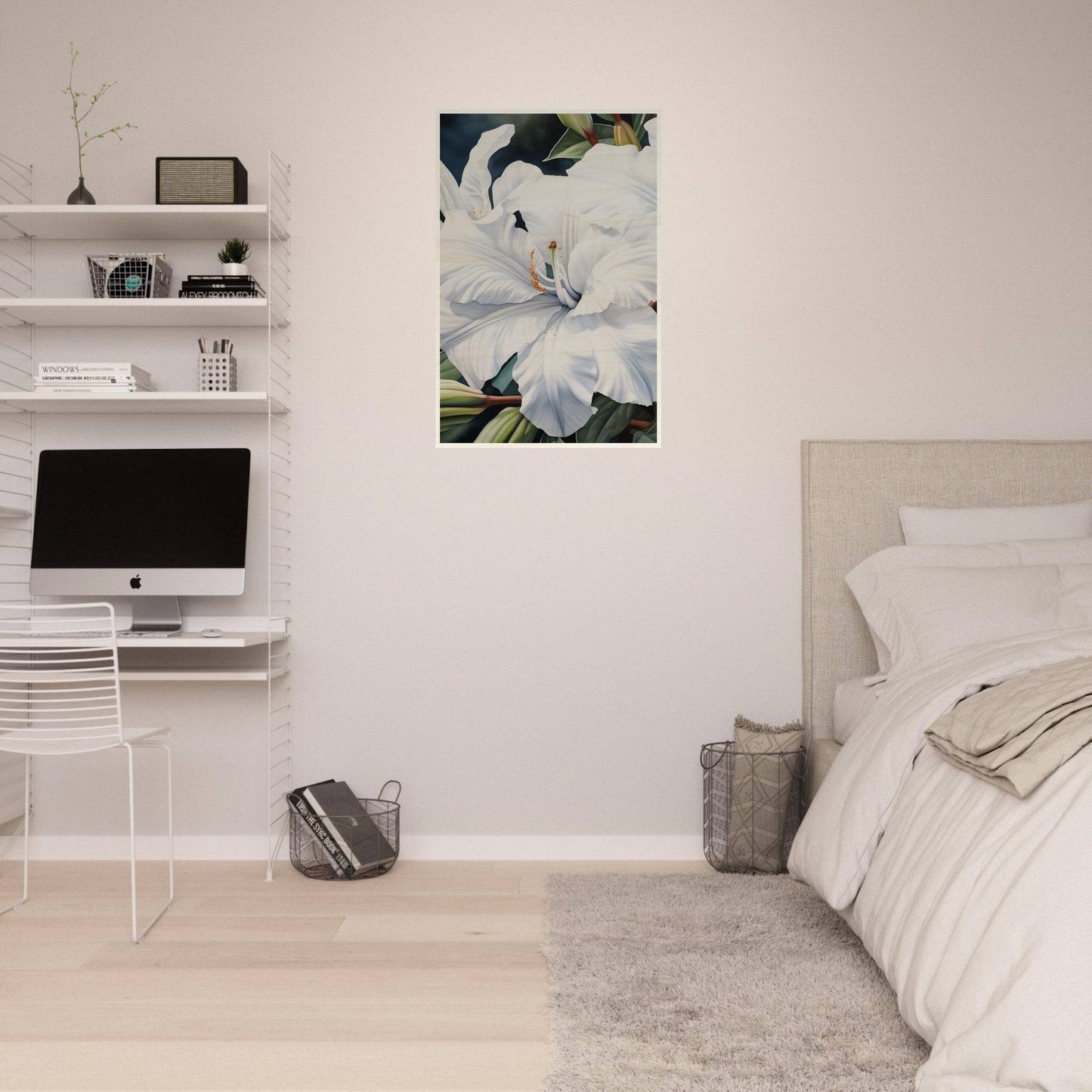 Bedroom with minimalist decor featuring white walls, floating shelves, and a floral wall art.