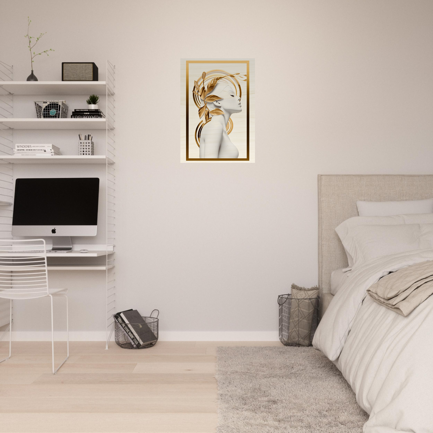 Minimalist bedroom with white walls, floating shelves, and a modern artwork.