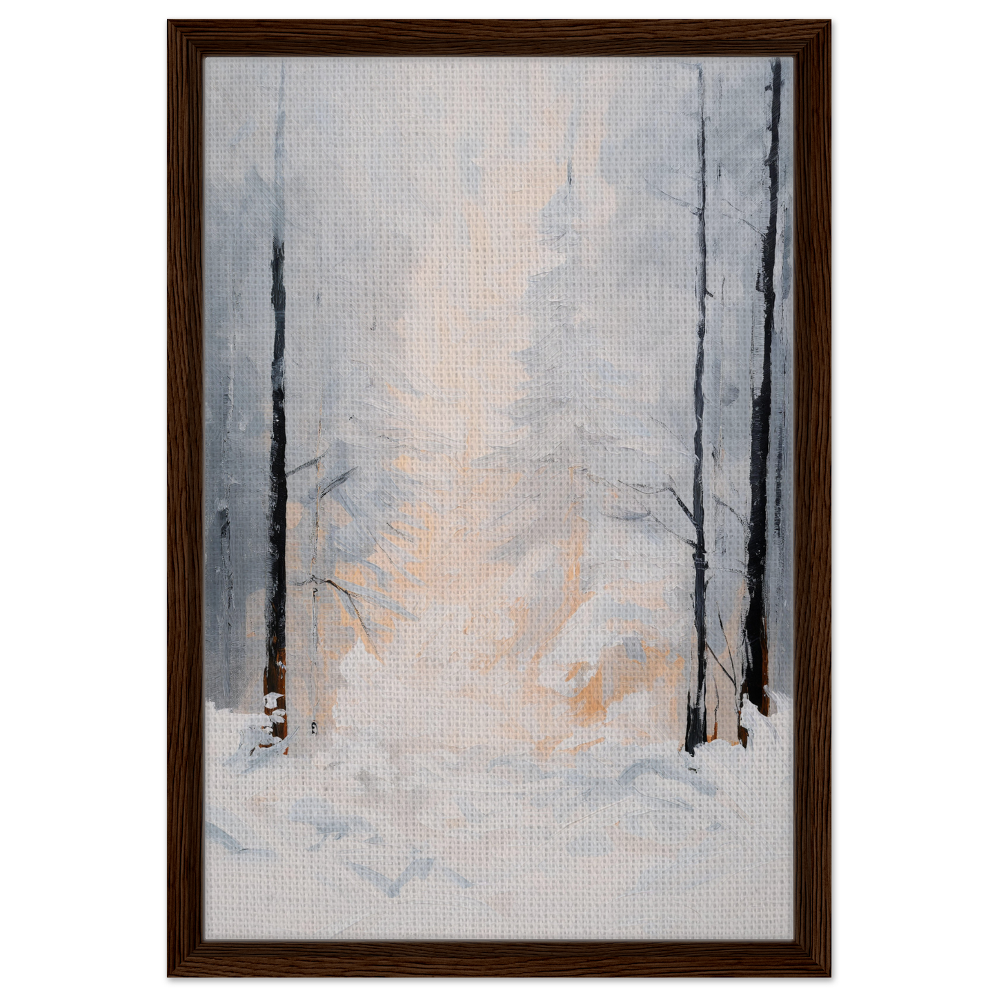 Framed canvas print of a snowy winter forest scene titled Wintry Whispered Time