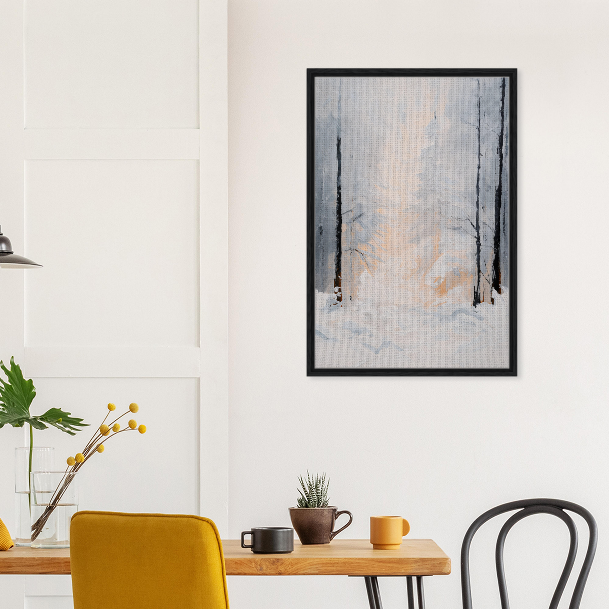 Framed abstract painting of a misty winter forest for Wintry Whispered Time room decor