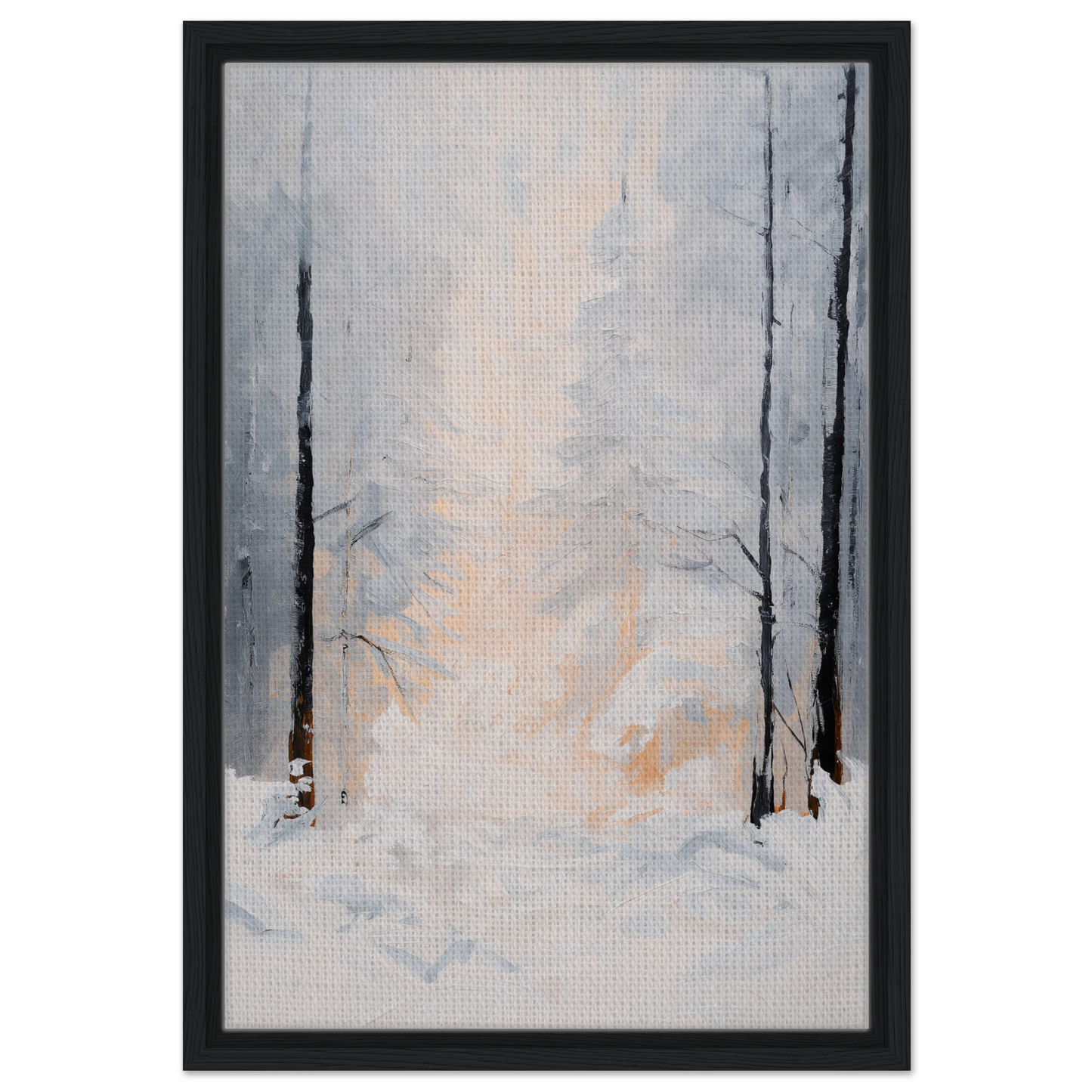 Abstract painting of a misty winter forest, featured in Wintry Whispered Time framed canvas print
