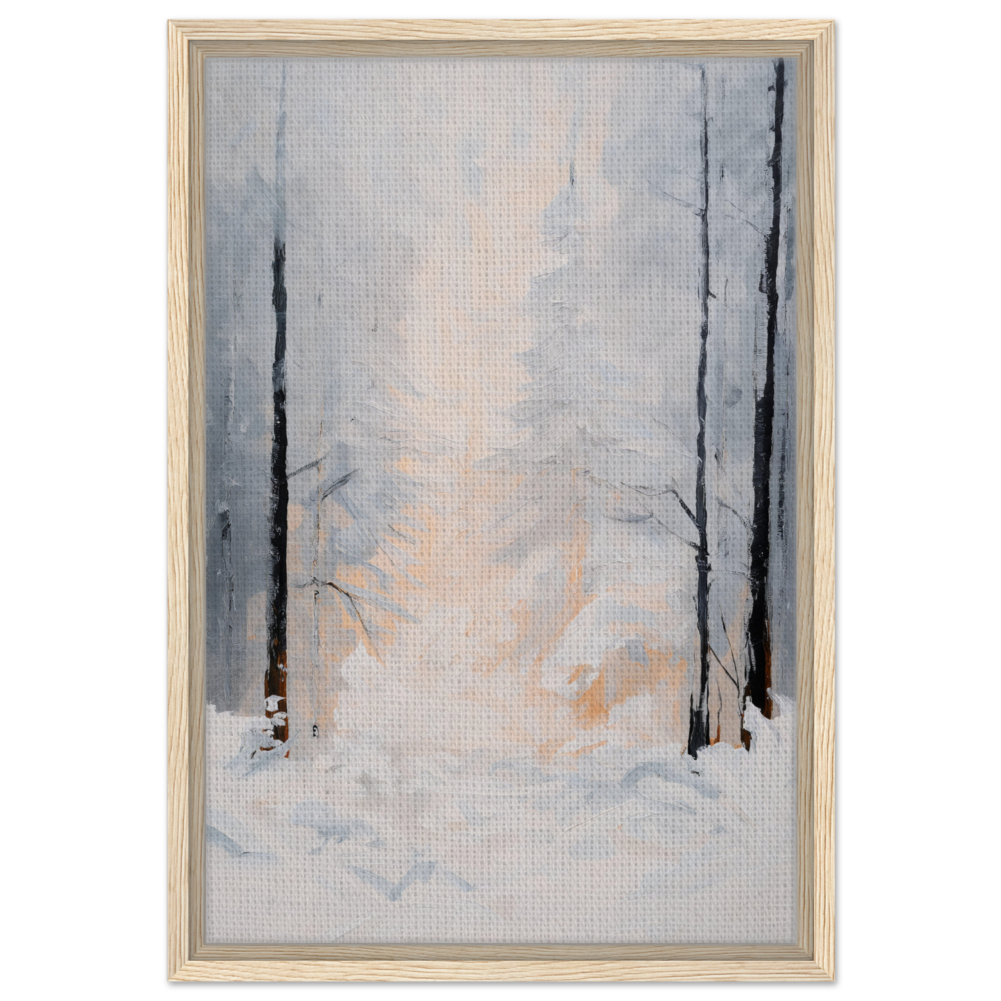 Abstract painting of a misty winter forest scene in Wintry Whispered Time framed canvas print