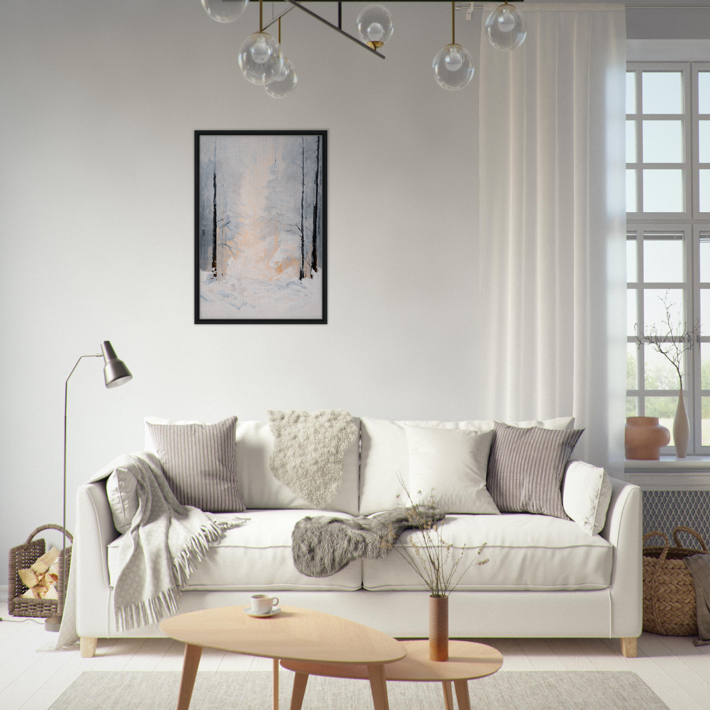 White sofa adorned with throw pillows and blankets from Wintry Whispered Time for room decor
