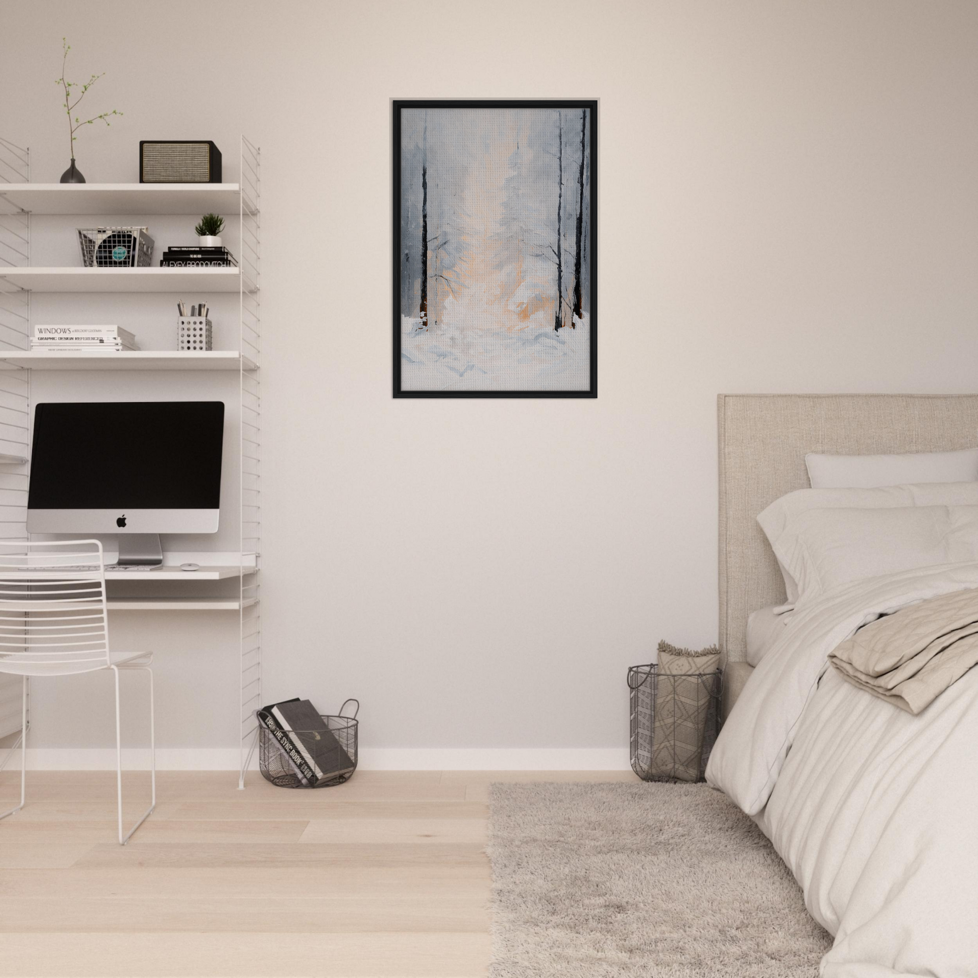 Minimalist bedroom featuring Wintry Whispered Time framed canvas print on floating shelves